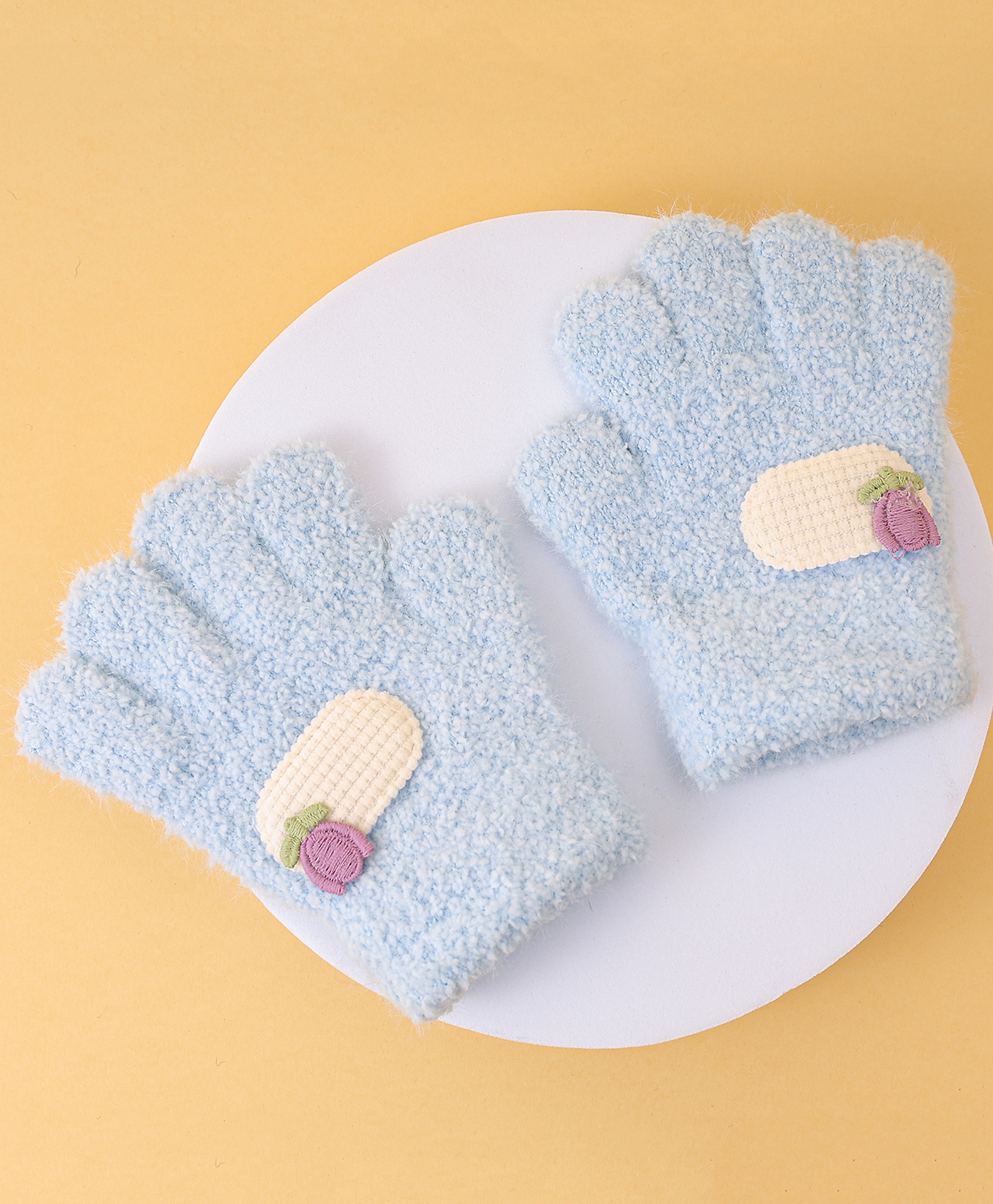 Babyhug Solid Coloured Fur Gloves With Floral Applique - Light Blue-image-0