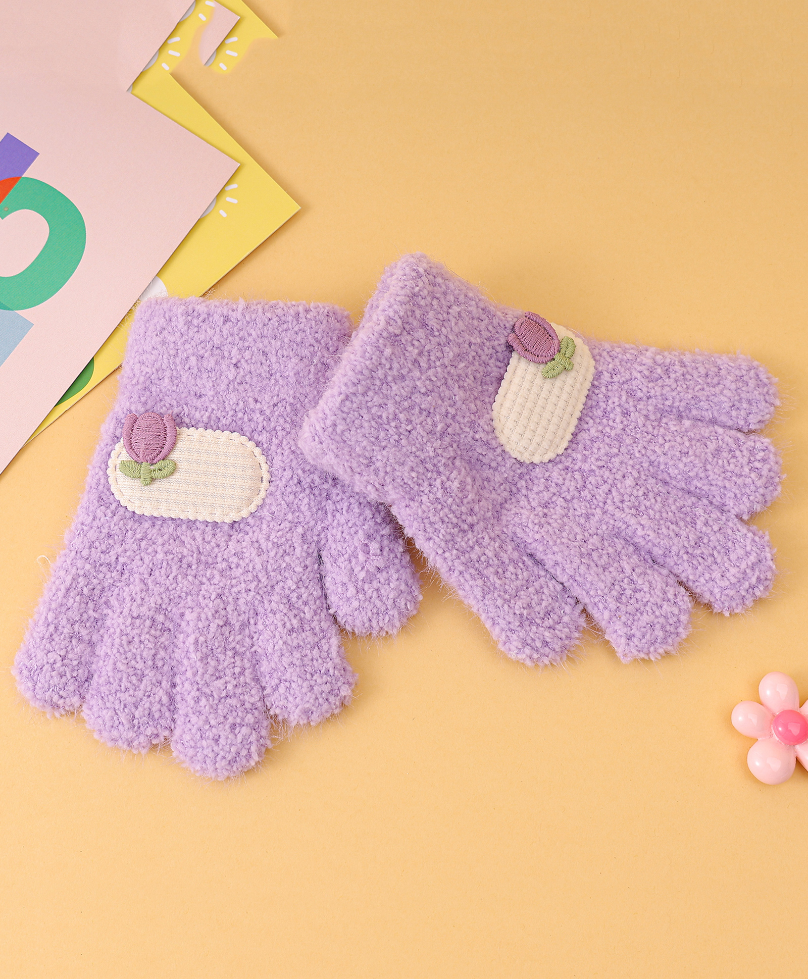 Babyhug Solid Coloured Fur Gloves With Floral Applique - Purple