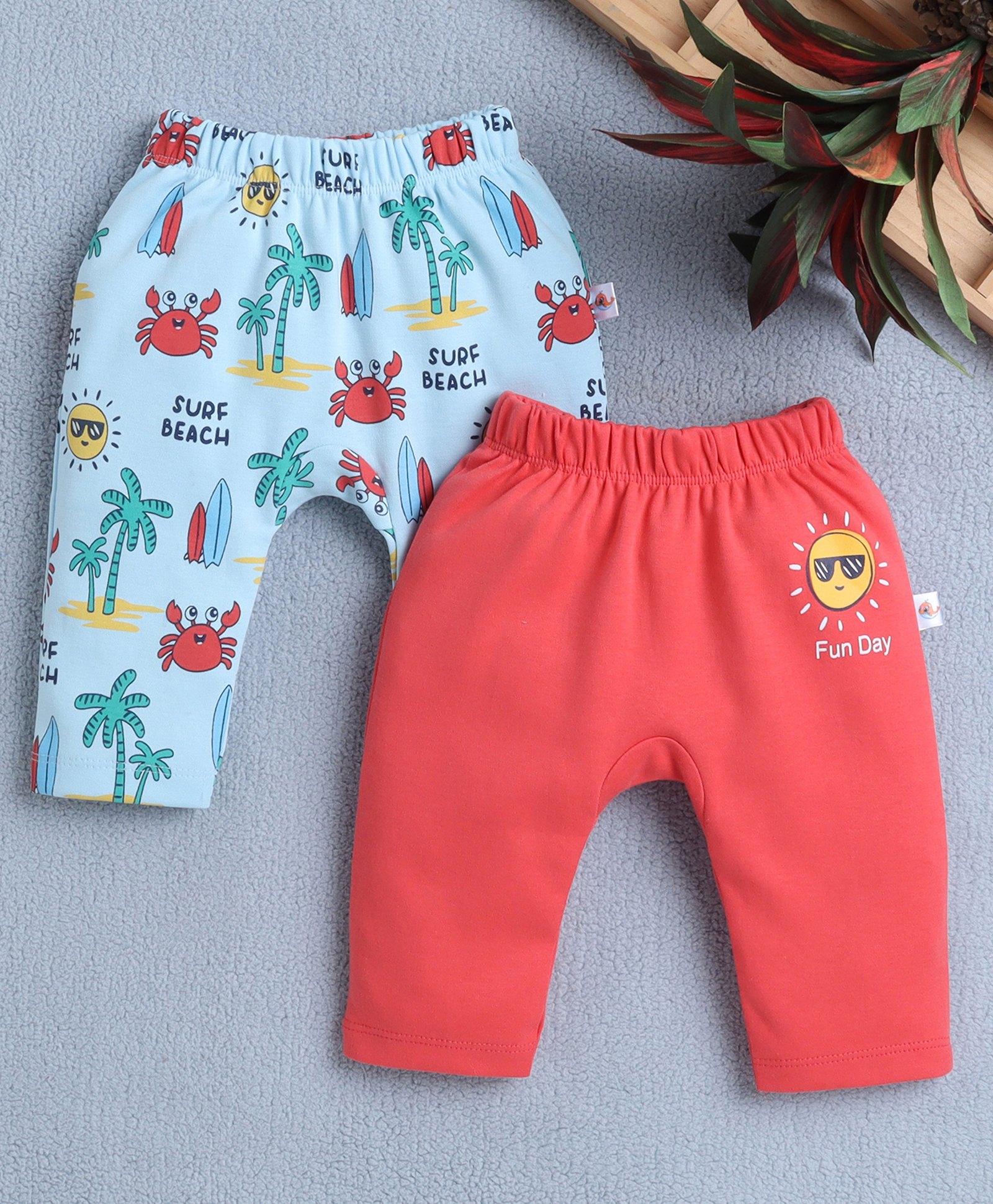 BUMZEE Cotton Pack Of 2 Beach Theme & Fun Day Text Printed Diaper Leggings - Sky Blue & Coral-picture-18