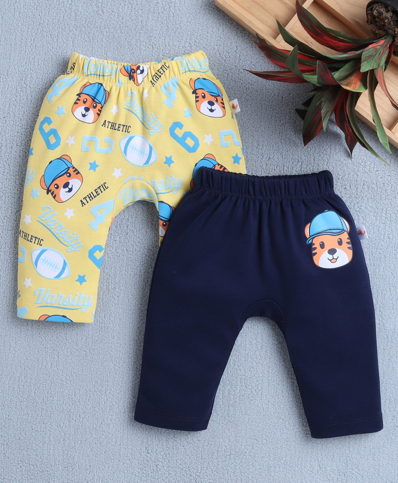 BUMZEE Cotton Pack Of 2 Baby Tiger & Athletic Text Printed Diaper Leggings - Navy Blue & Yellow-image-44