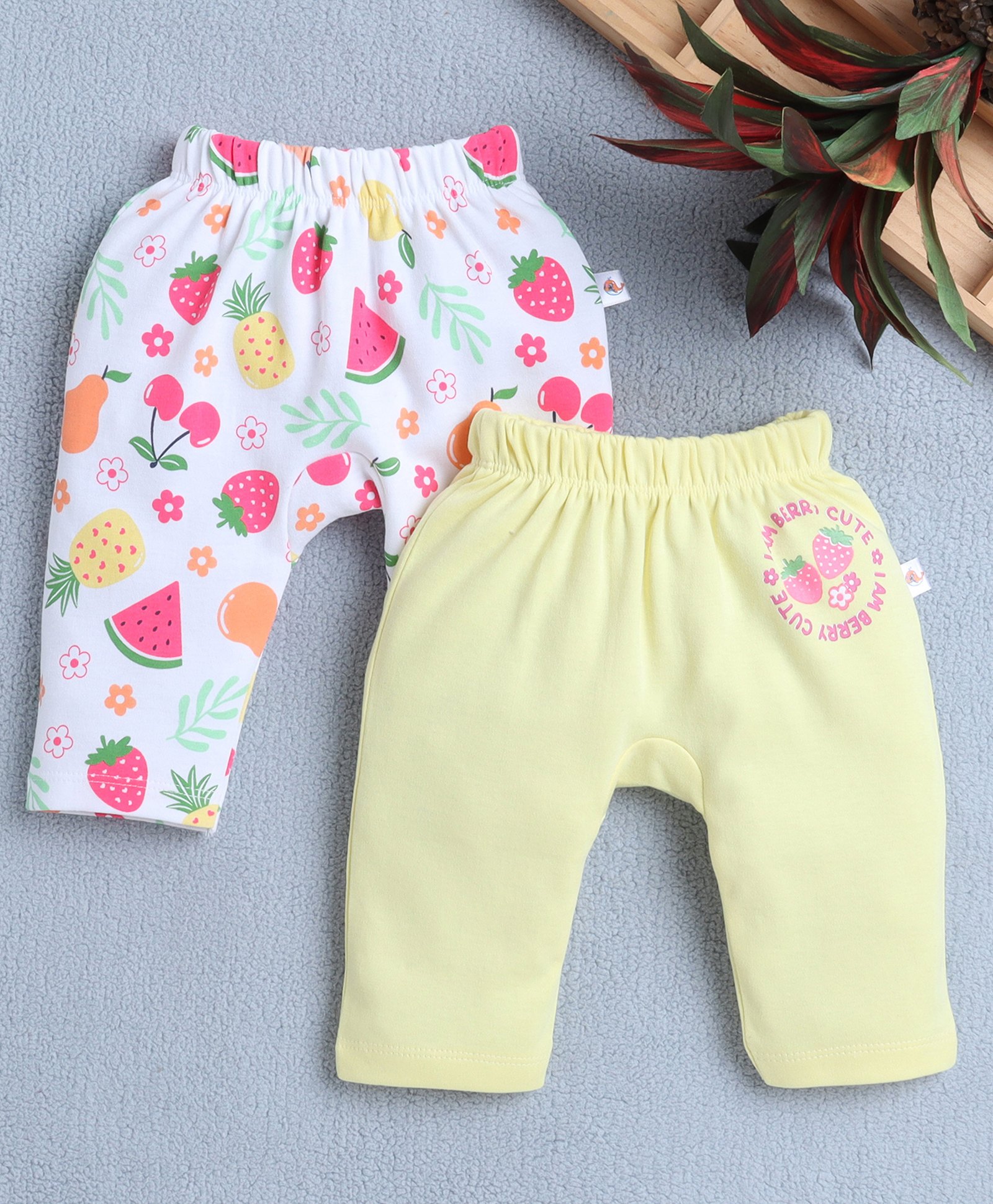 BUMZEE Cotton Pack Of 2 Fruits & Floral Printed Diaper Leggings - White & Yellow-image-44
