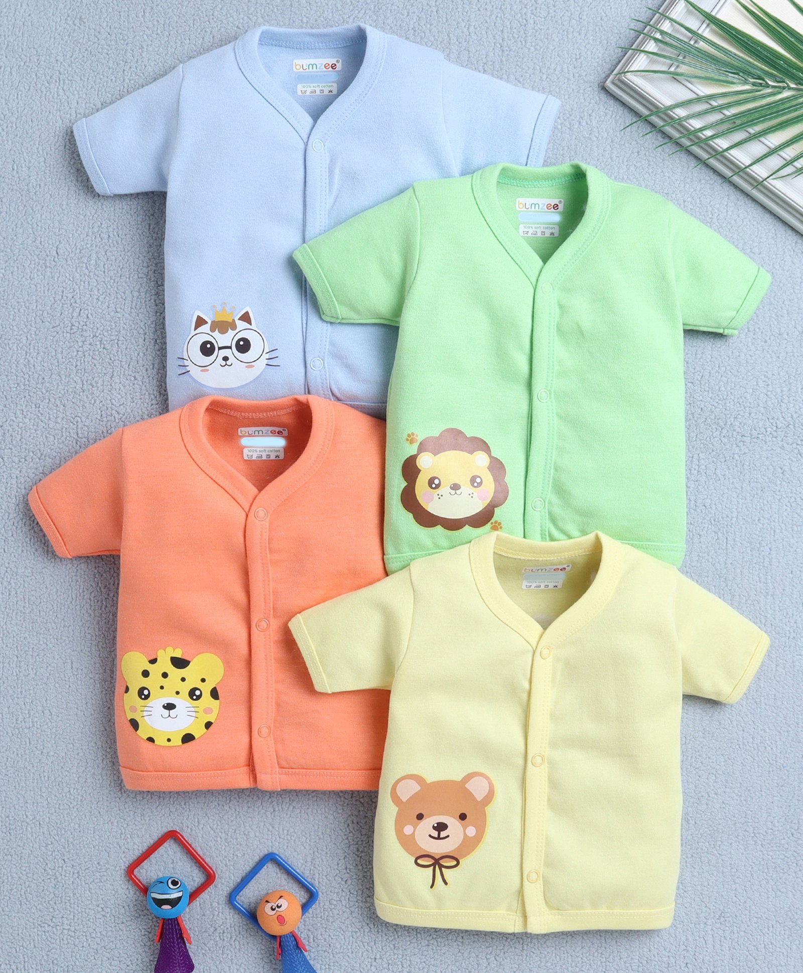 BUMZEE Cotton Pack Of 4 Half Sleeves Baby Animals Printed Jhablas - Orange & Green-image-41