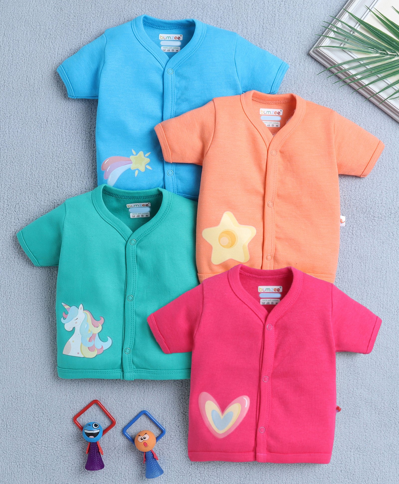 BUMZEE Cotton Pack Of 4 Half Sleeves Heart & Unicorn Printed Jhablas - Blue & Pink-image-42