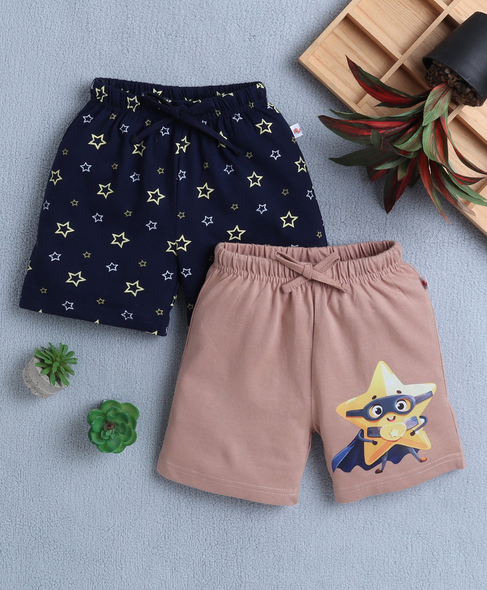 BUMZEE Cotton Pack Of 2 Stars Printed Shorts - Brown & Navy Blue-image-39