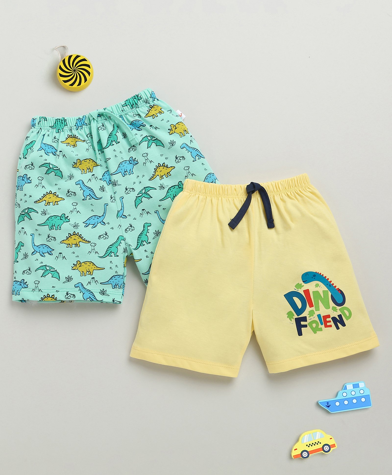 BUMZEE Cotton Pack Of 2 Dinosaur Printed Shorts - Mint Green & Yellow-picture-22