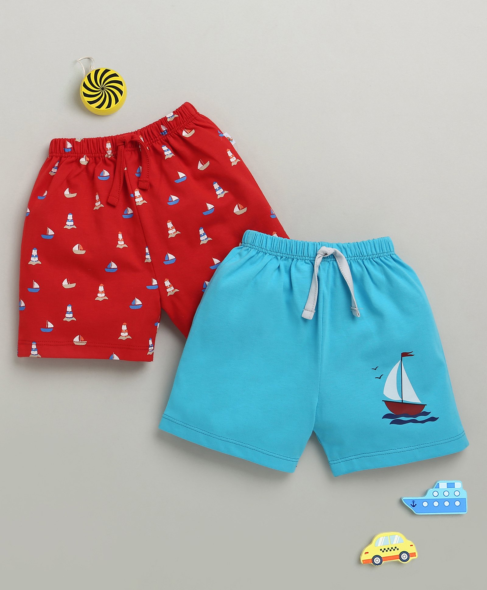 BUMZEE Cotton Pack Of 2 Boat Printed Shorts - Blue & Red-image-40