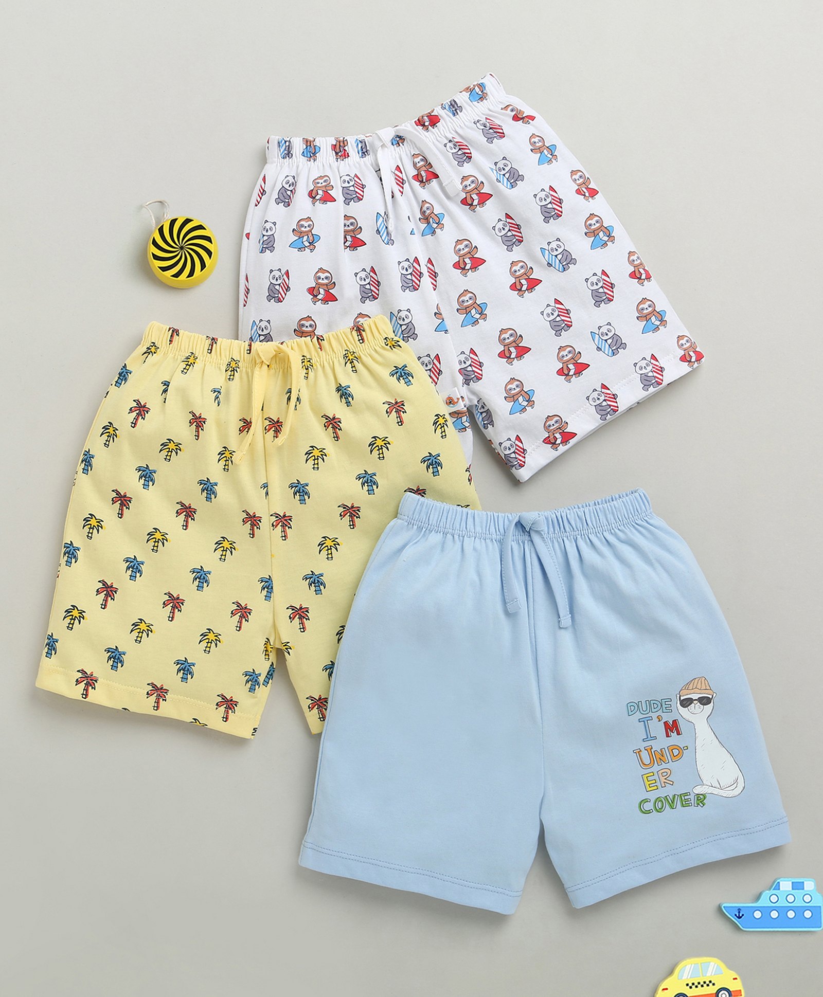 BUMZEE Cotton Pack Of 3 Cat & Palm Tree Printed Shorts - Sky Blue & Yellow-image-38