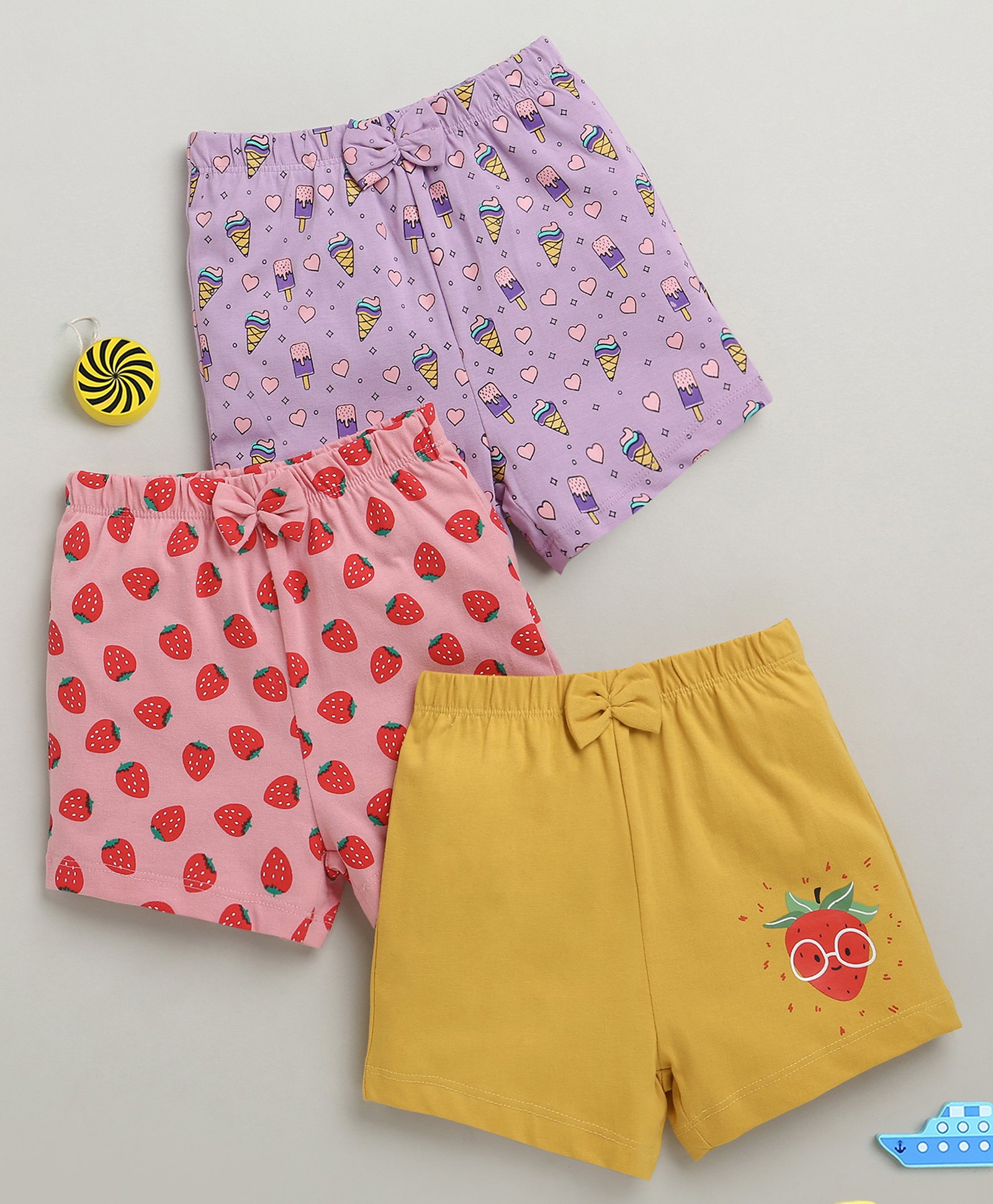 BUMZEE Cotton Pack Of 3 Ice Cream & Strawberry Printed Shorts - Pink & Lavender-picture-13