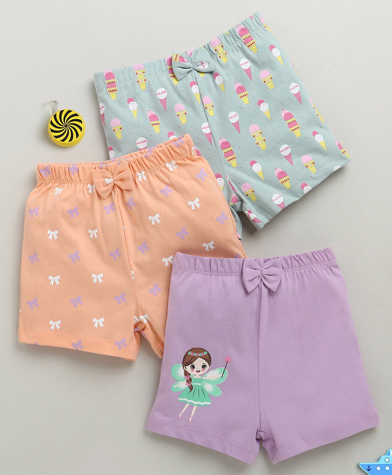 BUMZEE Cotton Pack Of 3 Ice Cream & Fairy Printed Bow Applique Detailed Shorts - Peach & Lavender-picture-10