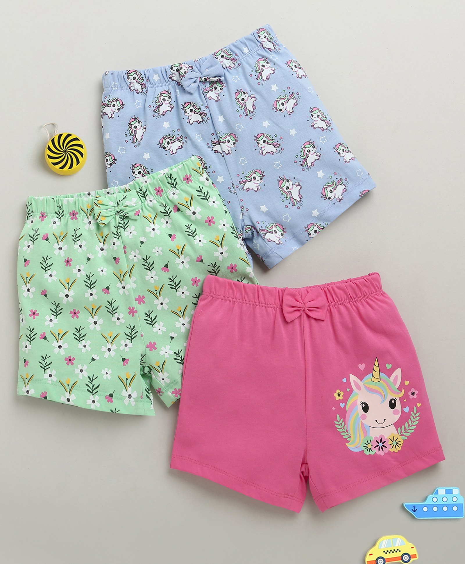 BUMZEE Cotton Pack Of 3 Unicorns & Floral Printed Bow Applique Detailed Shorts - Green & Pink-image-40
