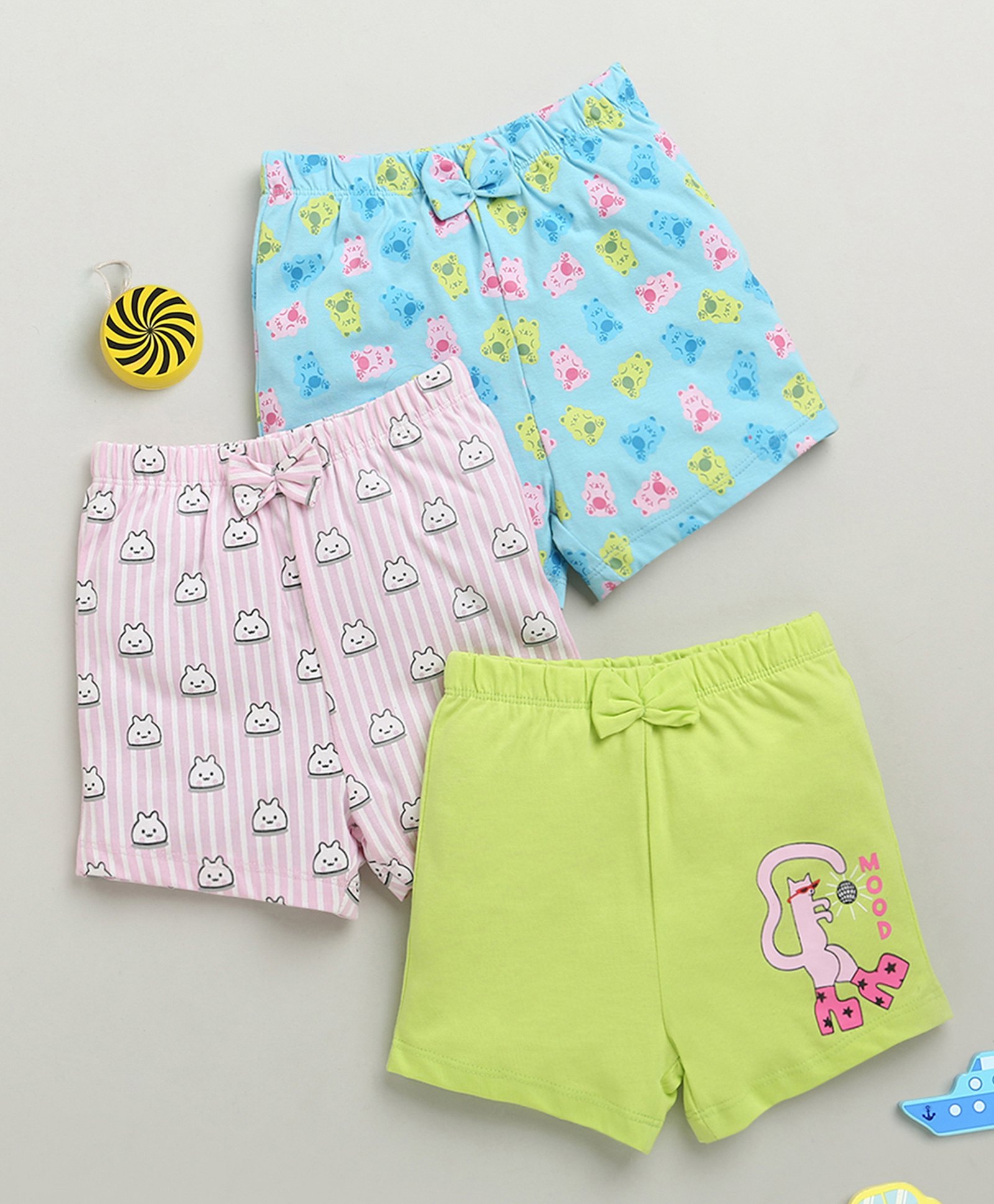 BUMZEE Cotton Pack Of 3 Baby Animals Printed Striped Bow Applique Detailed Shorts - Blue & Green-image-16