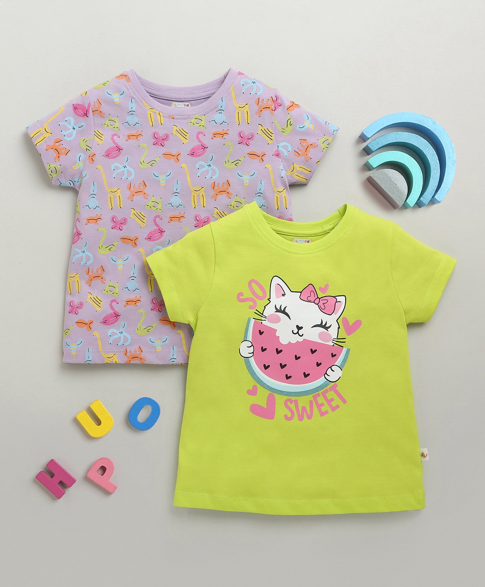 BUMZEE Cotton Pack Of 2 Half Sleeves Flamingo & Cat Printed Tees - Lime Green & Lavender-picture-20
