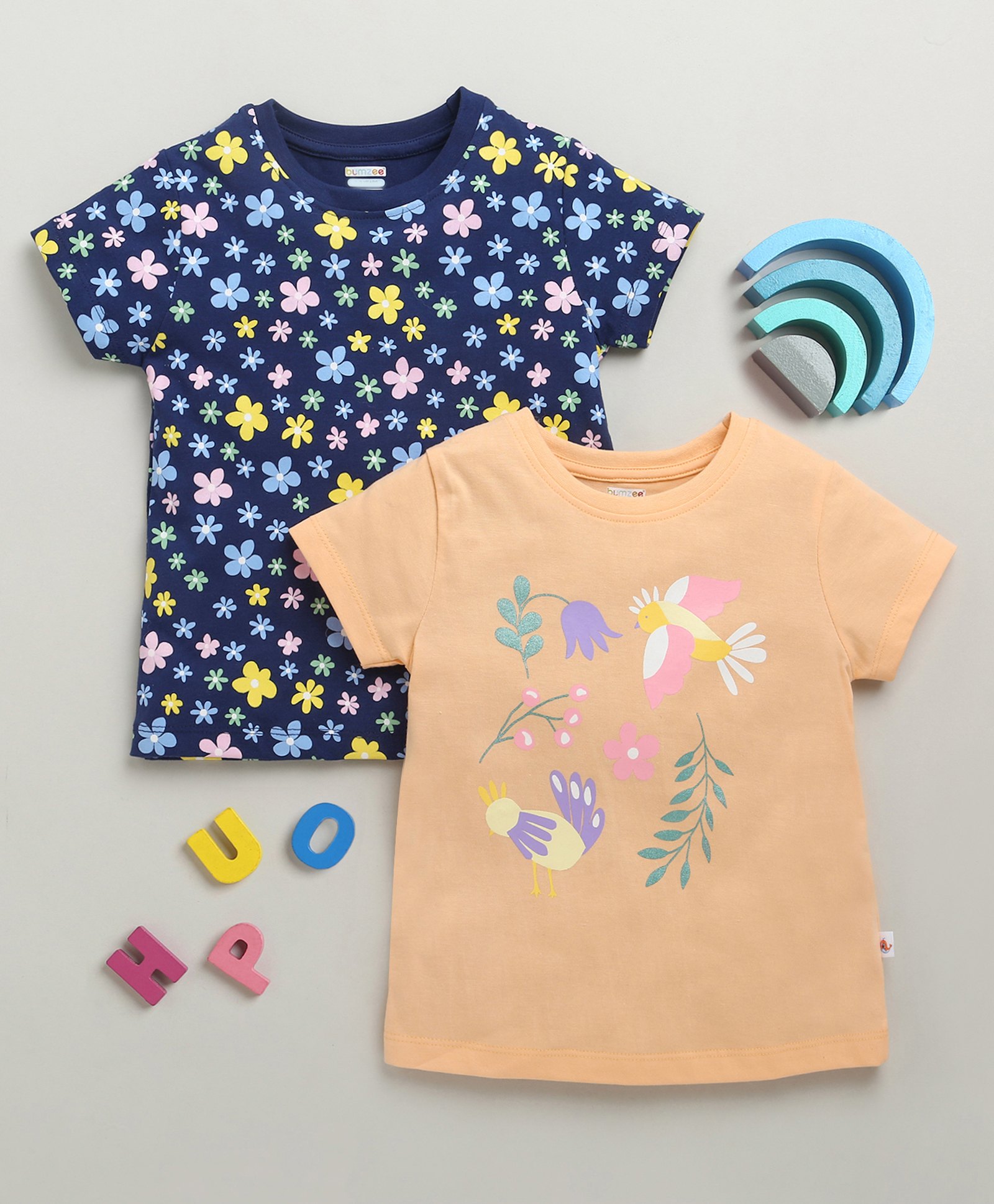 BUMZEE Cotton Pack Of 2 Half Sleeves Floral & Birds Printed Tees - Navy & Peach-image-21