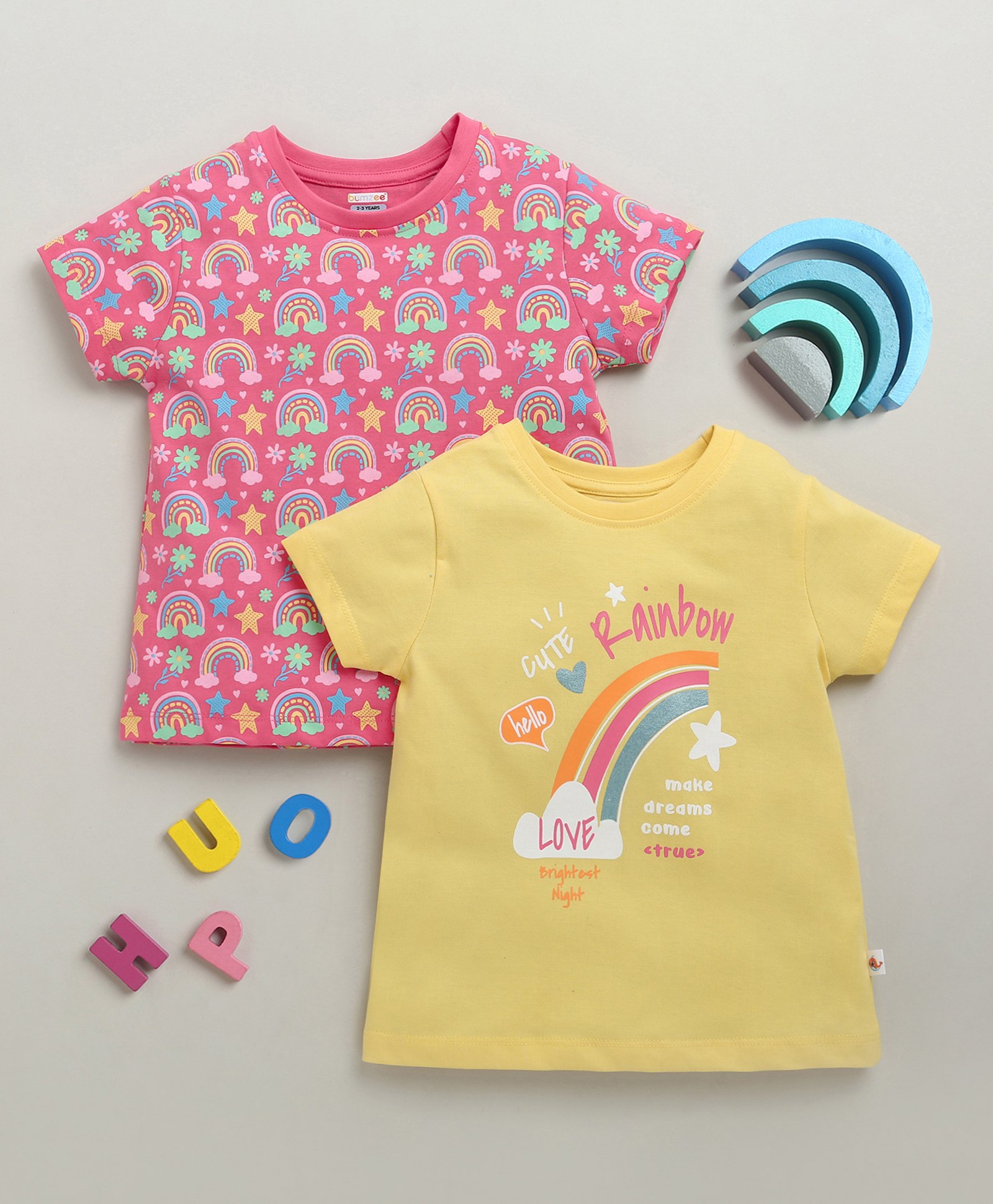 BUMZEE Cotton Pack Of 2 Half Sleeves Rainbow Printed Tees - Pink & Yellow-picture-37