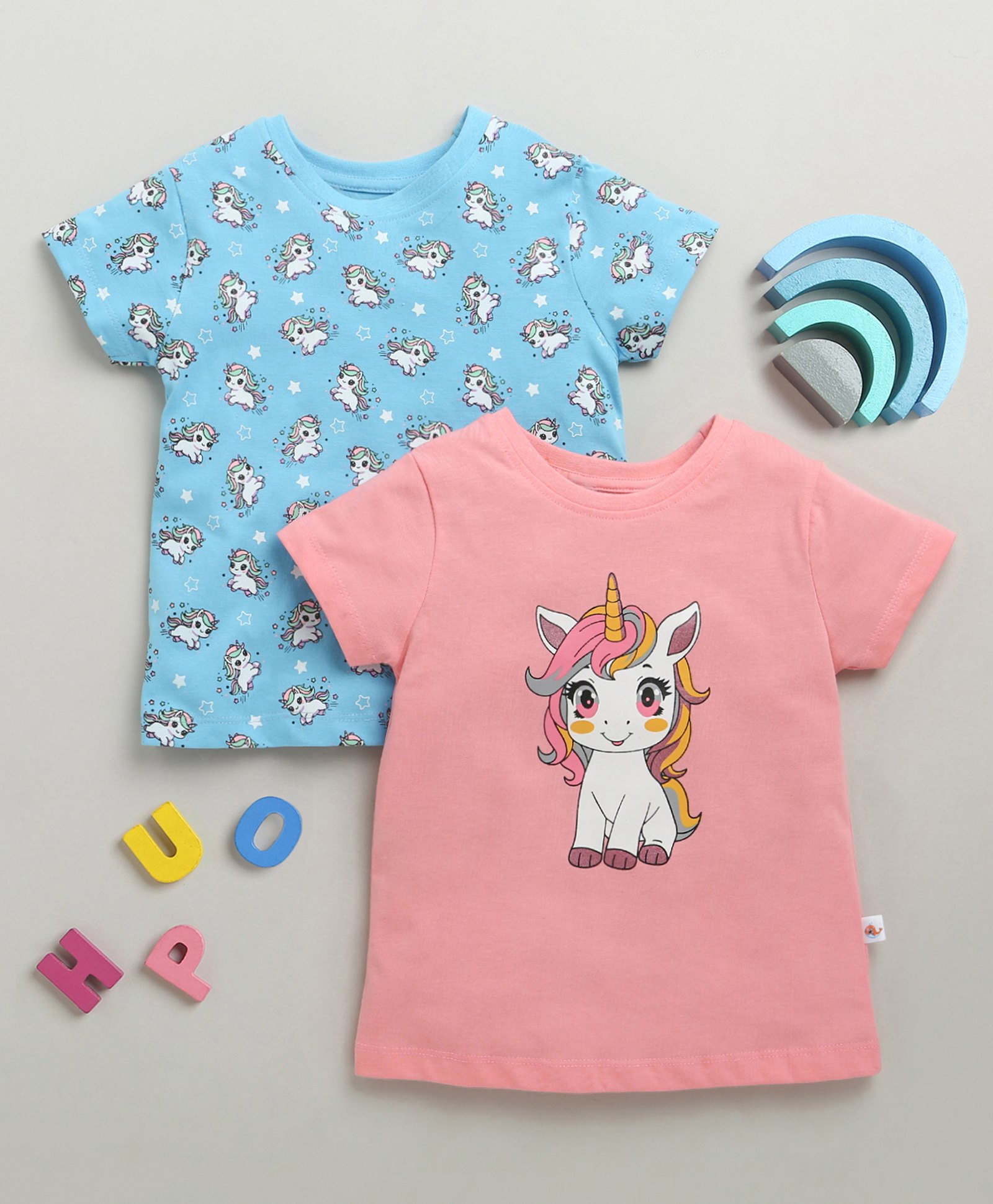BUMZEE Cotton Pack Of 2 Half Sleeves Baby Unicorns Printed Tees - Blue & Pink-image-34