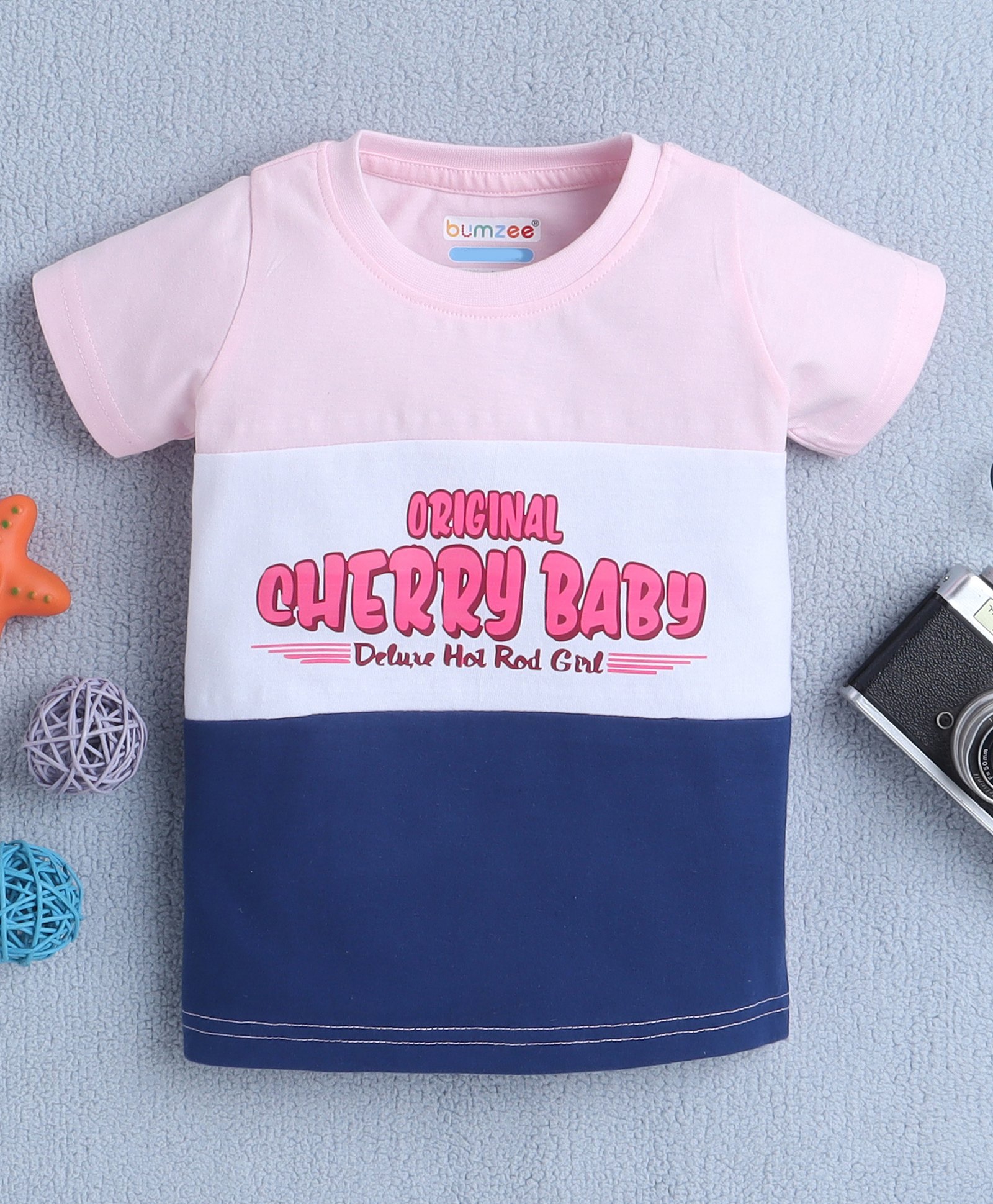 BUMZEE Cotton Half Sleeves Cherry Baby Text Printed Colour Blocked Tee - Pink-image-8