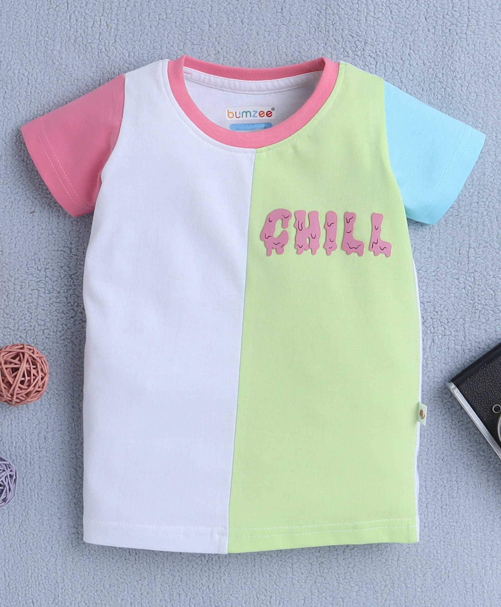 BUMZEE Cotton Half Sleeves Chill Text Printed Colour Blocked Tee - White & Green-image-17