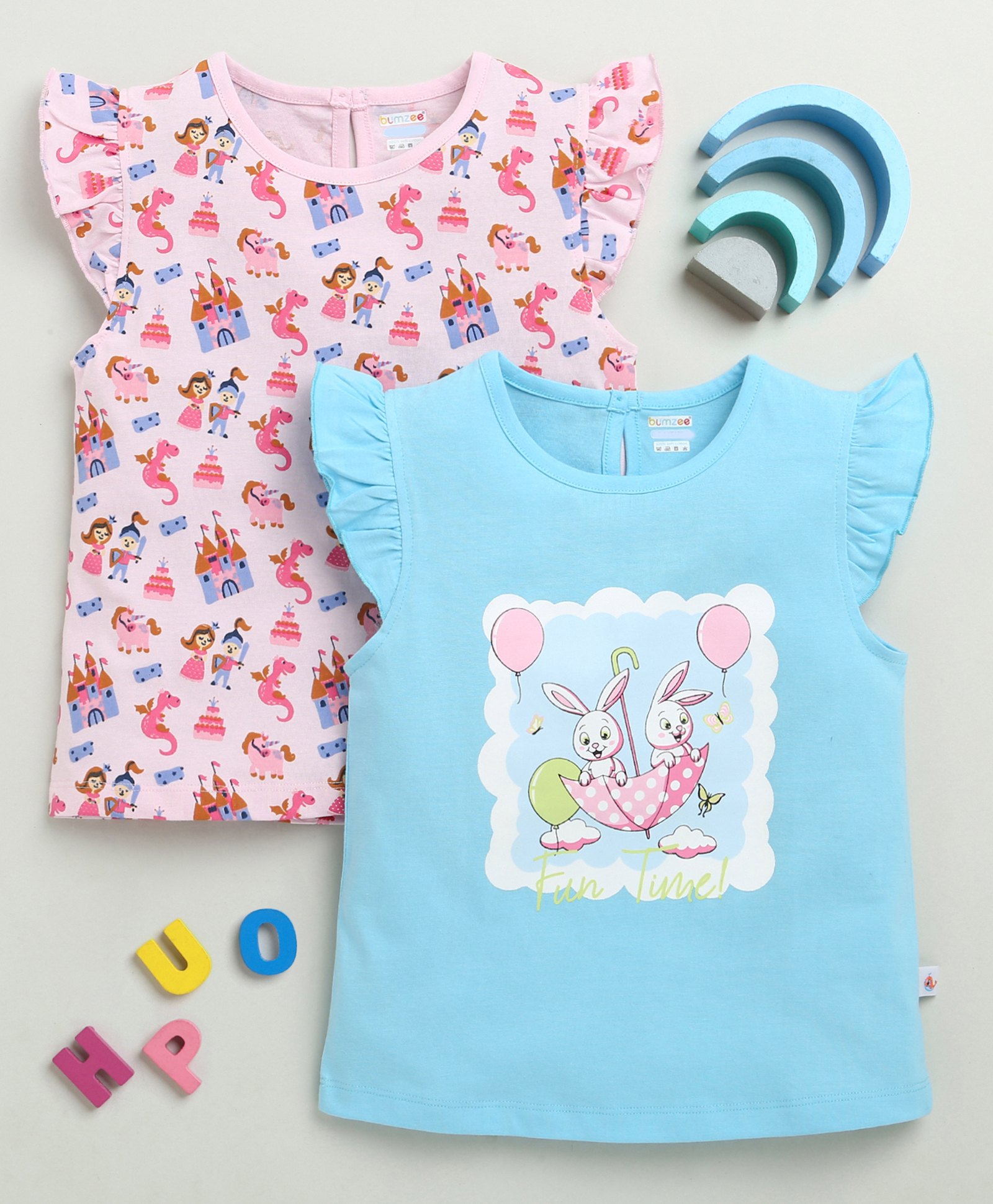 BUMZEE Cotton Pack Of 2 Cap Sleeves Dragon & Rabbits Printed Tees - Sky Blue & Pink-picture-12