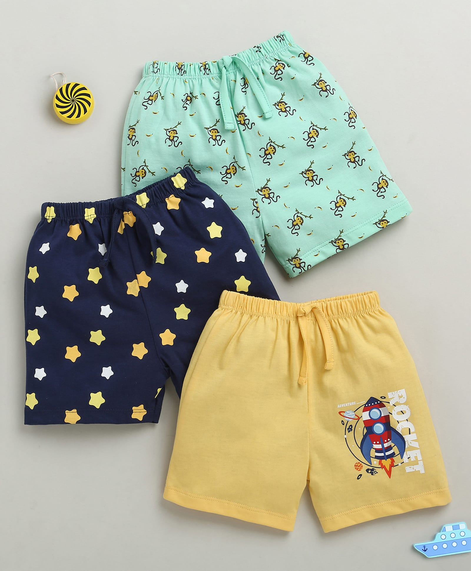 BUMZEE Cotton Knit Pack Of 3 Monkeys & Stars Printed Shorts - Yellow & Navy-image-49