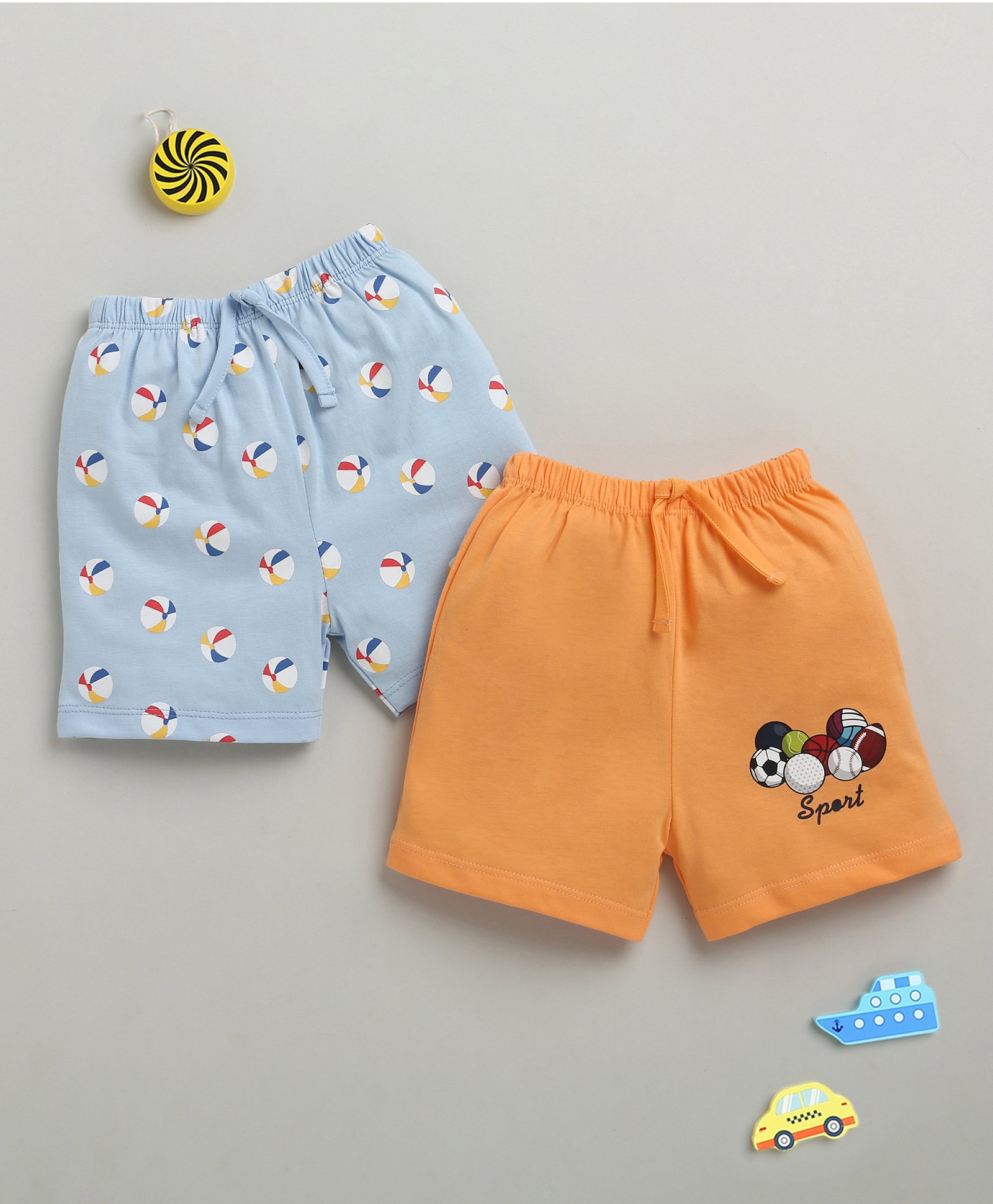 BUMZEE Cotton Pack Of 2 Ball Printed Shorts - Orange & Sky Blue-picture-38