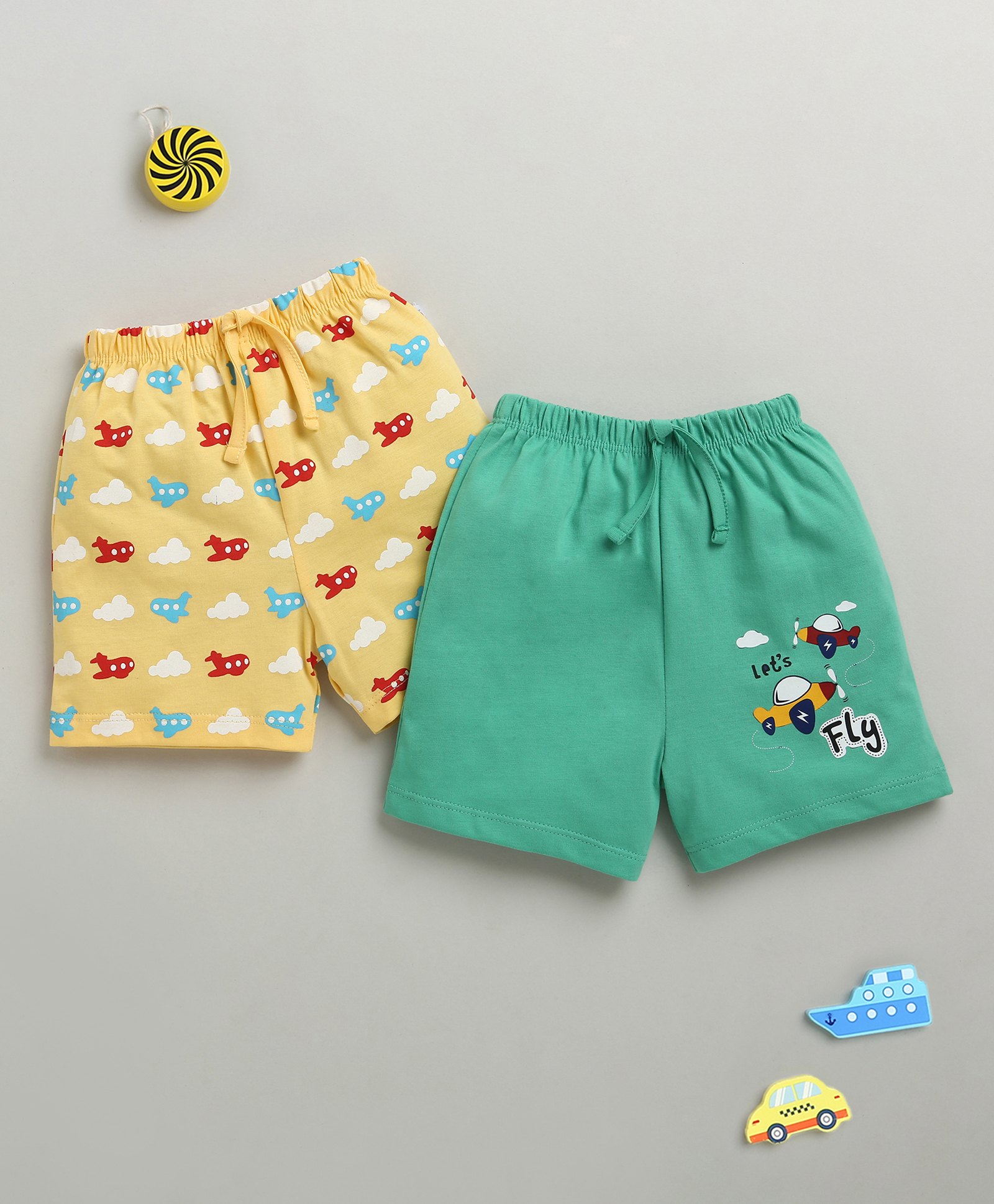 BUMZEE Cotton Pack Of 2 Aeroplane Printed Shorts - Green & Yellow-picture-13