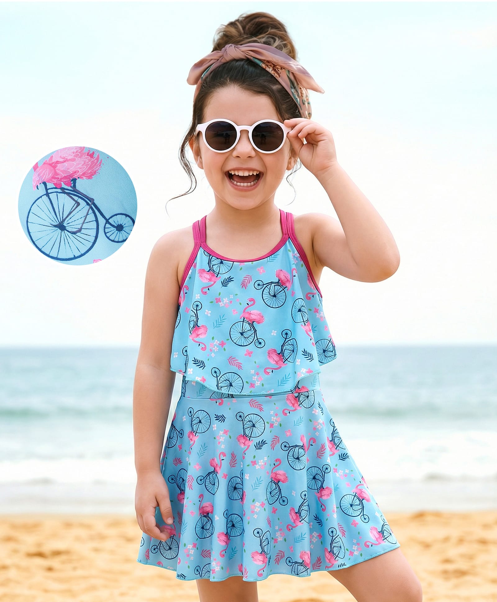ROVARS Sleeveless Frock Swimsuit with Flamingo Print - Light Blue-picture-40