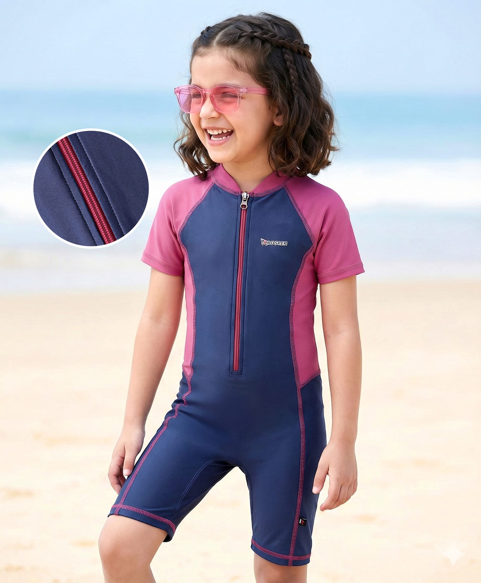 ROVARS Half Raglan Sleeves Legged Swimming Bodysuit - Navy & Pink-image-5