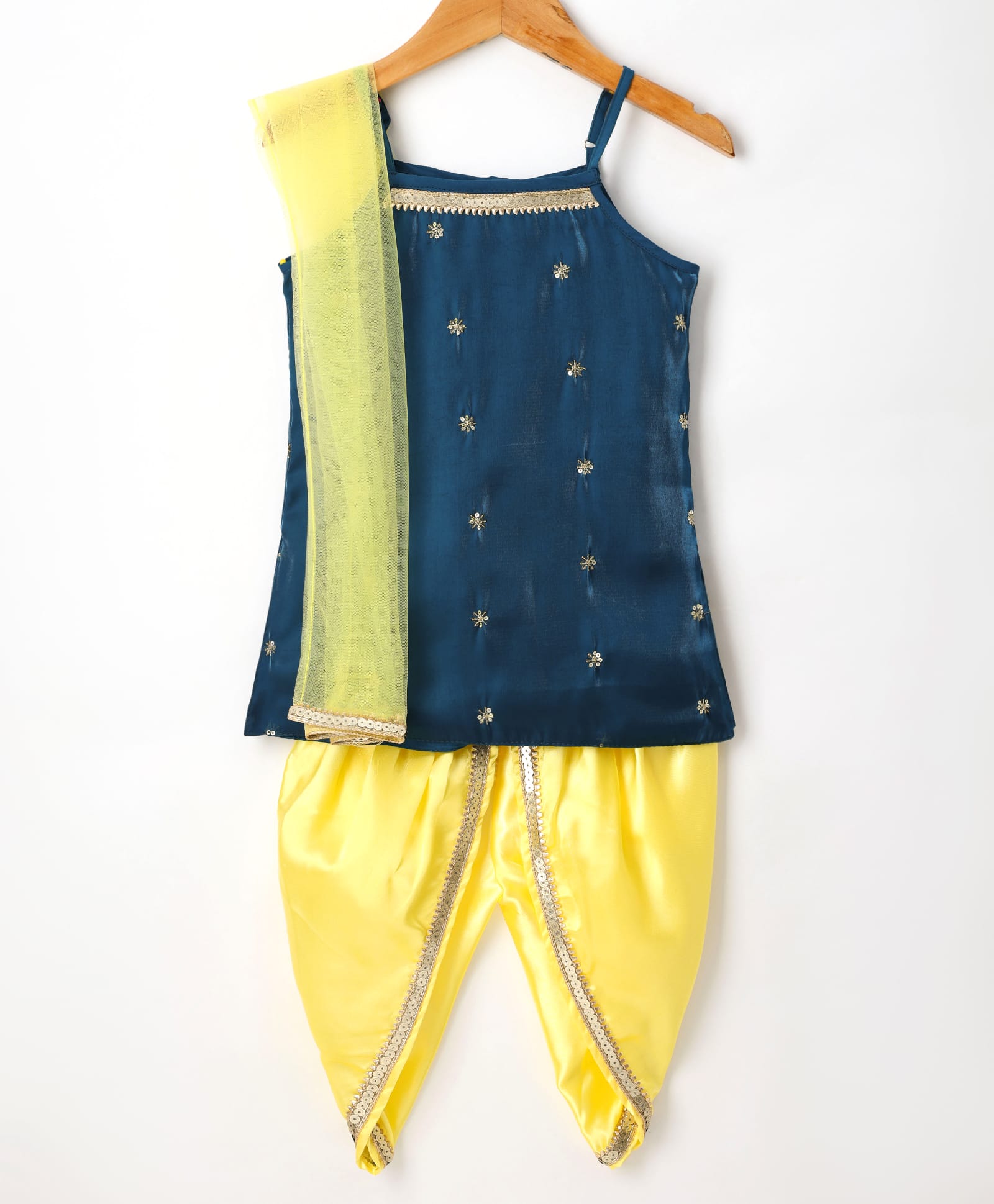 Saka Designs Woven Sleeveless Kurti Dhoti Set with Dupatta & Embroidery - Yellow & Navy Blue-picture-13