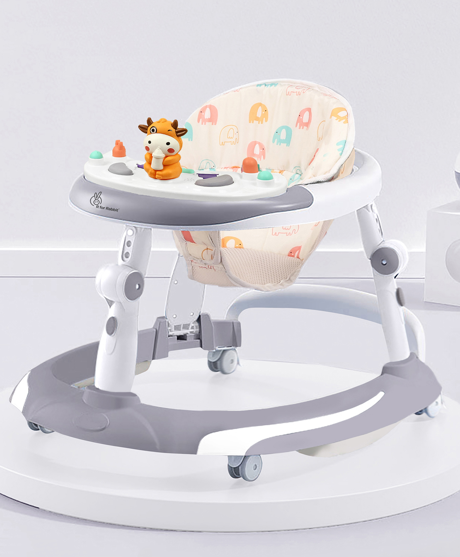 R for Rabbit Baby Walker With 3 Level Height Adjustment 4 Level Seat Adjustment & Recreational Toy Bar - Grey & White-image-3