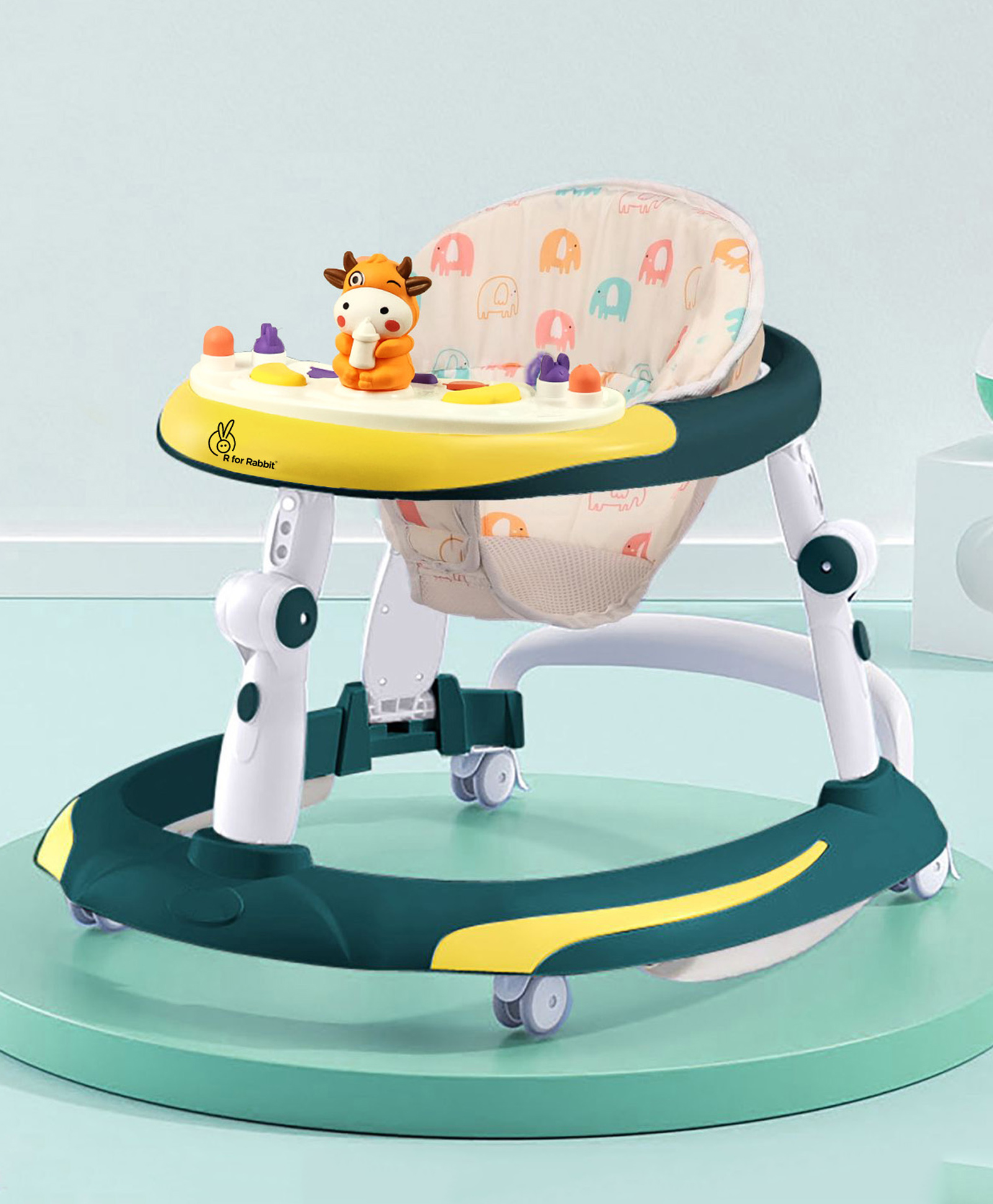 R for Rabbit Baby Walker With 3 Level Height Adjustment 4 Level Seat Adjustment & Recreational Toy Bar - Green & Yellow-image-0