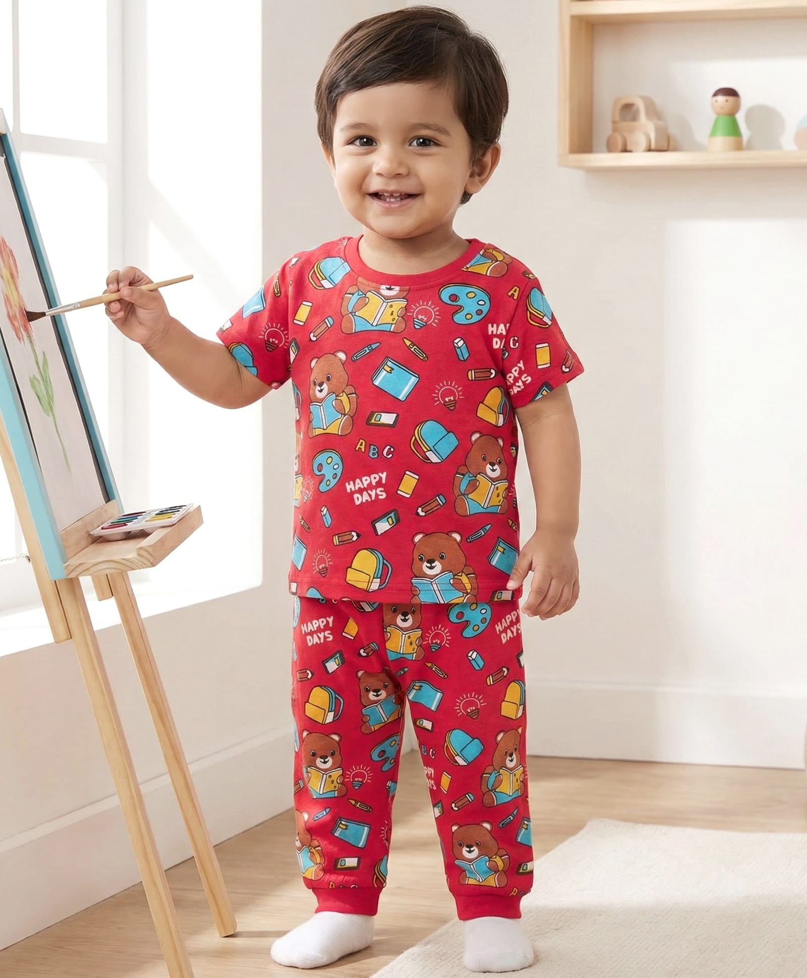 Babyhug Cotton Knit Half Sleeves Co-ordsNight Suit With Bear Print - Red-image-6