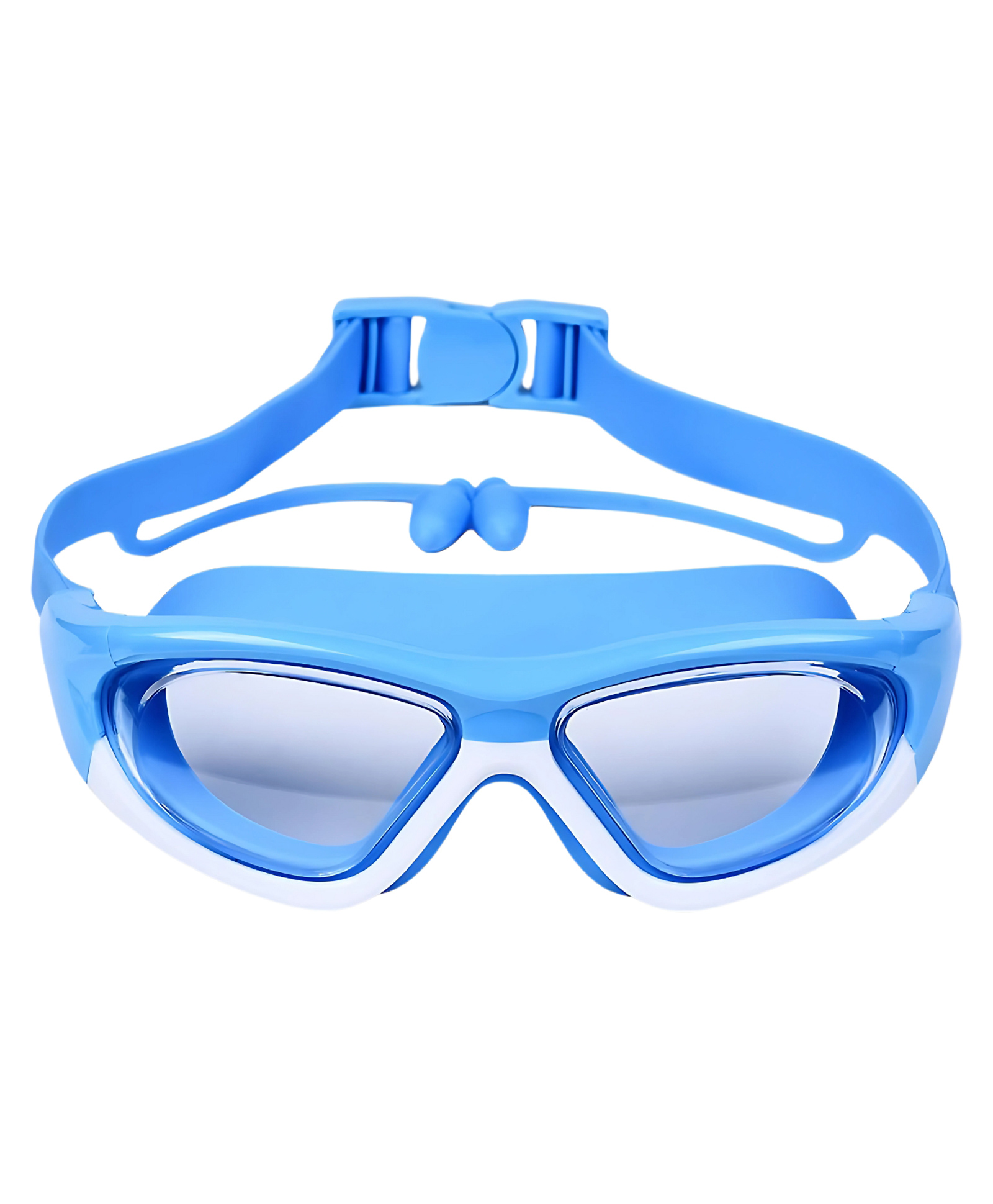 KARBD Swimming Goggles Wide Angle Vision Big Frame Glasses with Connected Ear Plugs - Biggie, Blue-image-3