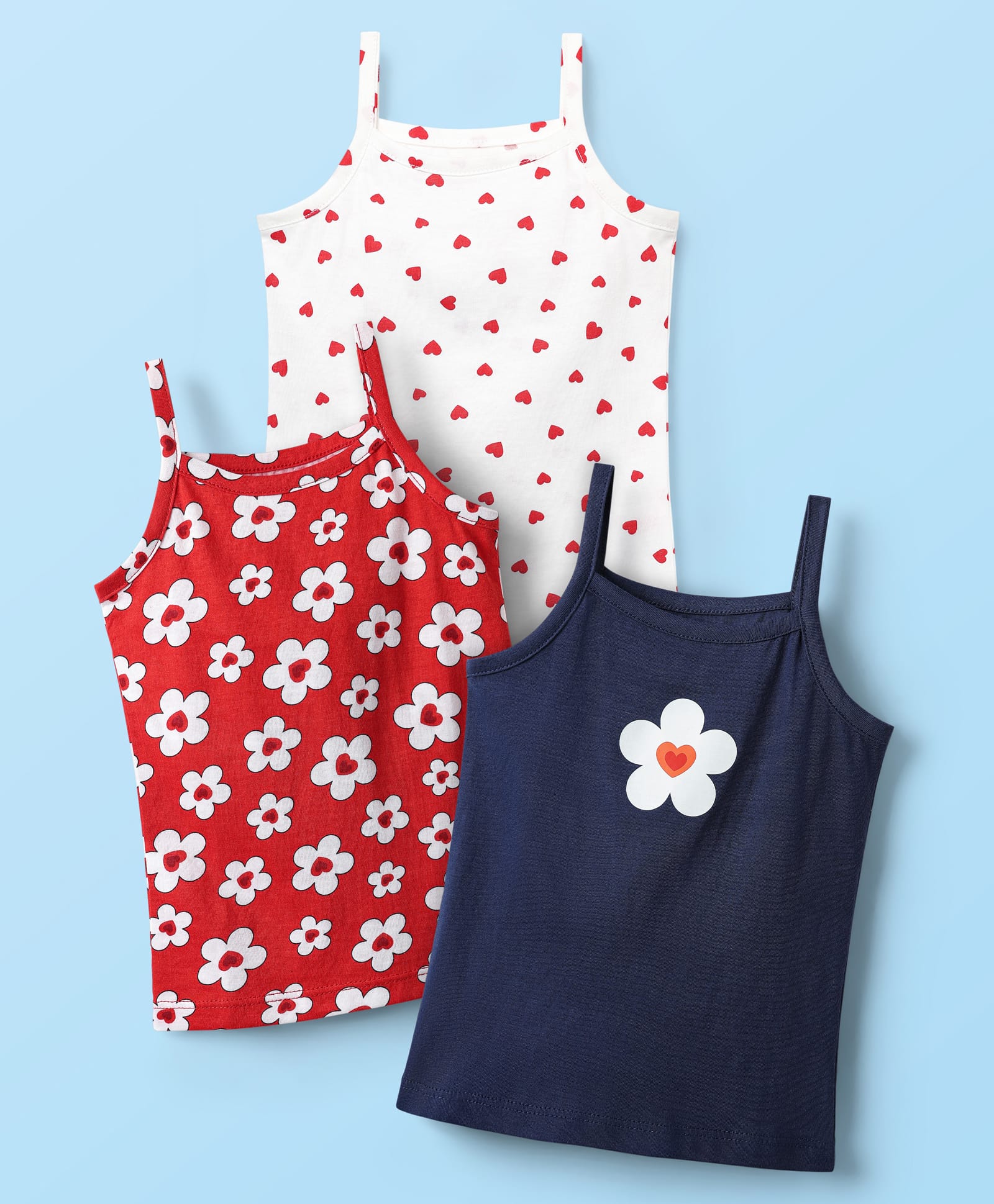 Babyhug 100% Cotton Singlet Floral & Heart Printed Slips Pack of 3 - White Red & Navy Blue-image-29