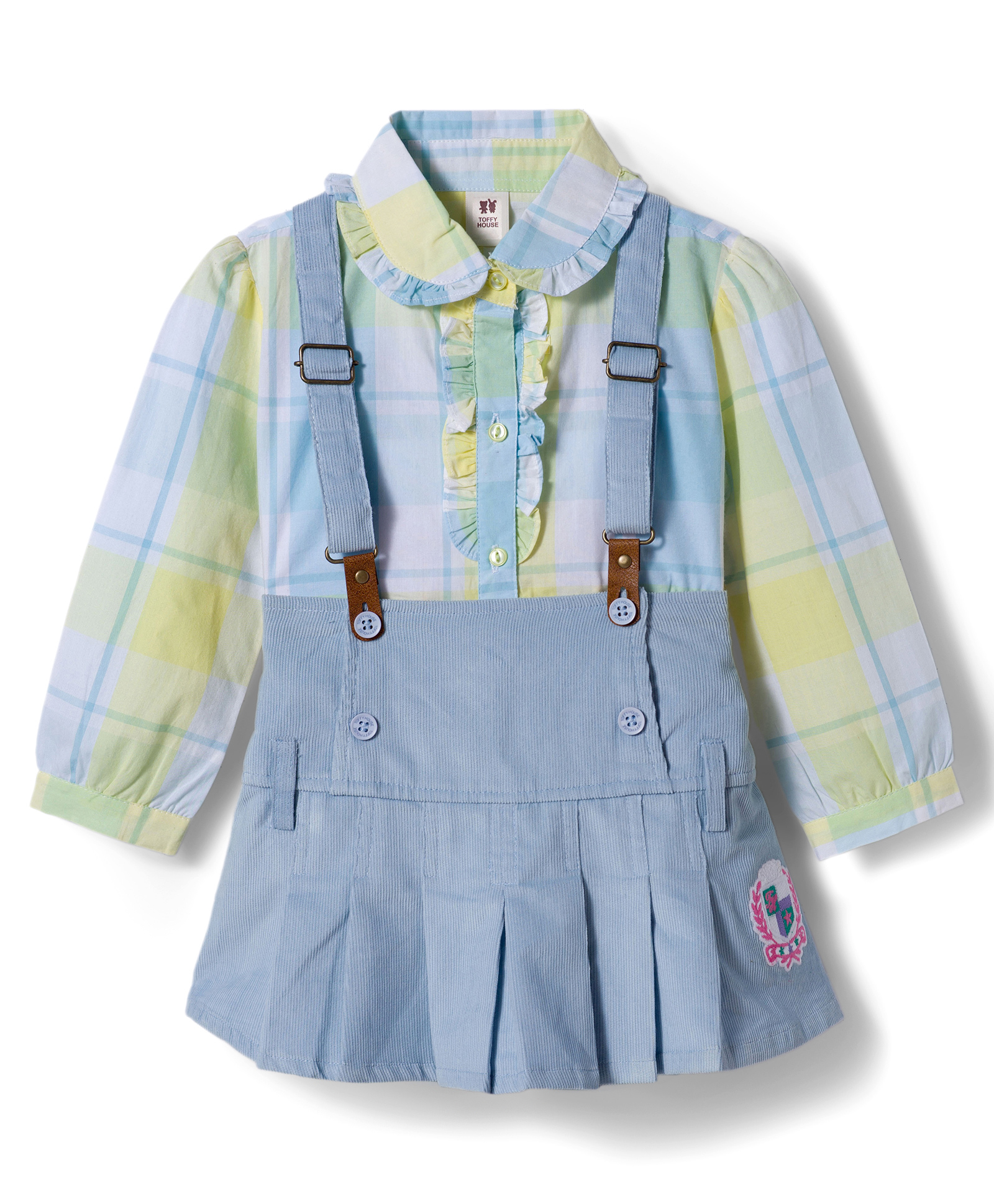 ToffyHouse 100% Cotton Knit Full Sleeves Checkered Top & Skirt Set with Suspender - Light Blue-picture-16