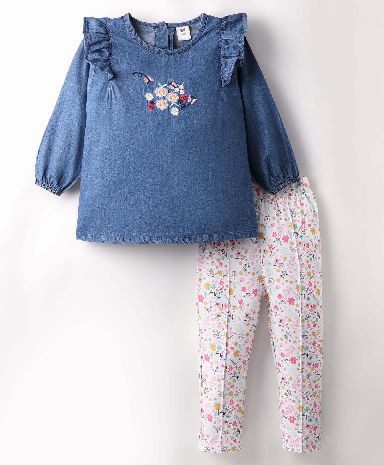 ToffyHouse Full Sleeves Top and Leggings Set Floral Embroidery & Print - Navy Blue & White-image-1