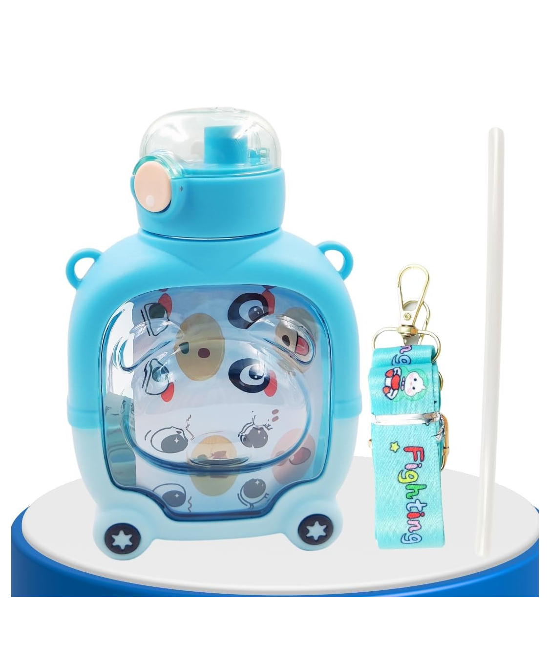 New Pinch Cartoon Bear Kids Water Bottle Cute Plastic Water Bottle with Straw Large Capacity Portable for Children- Pack of 1- Color May Vary - 1000 ml-image-18