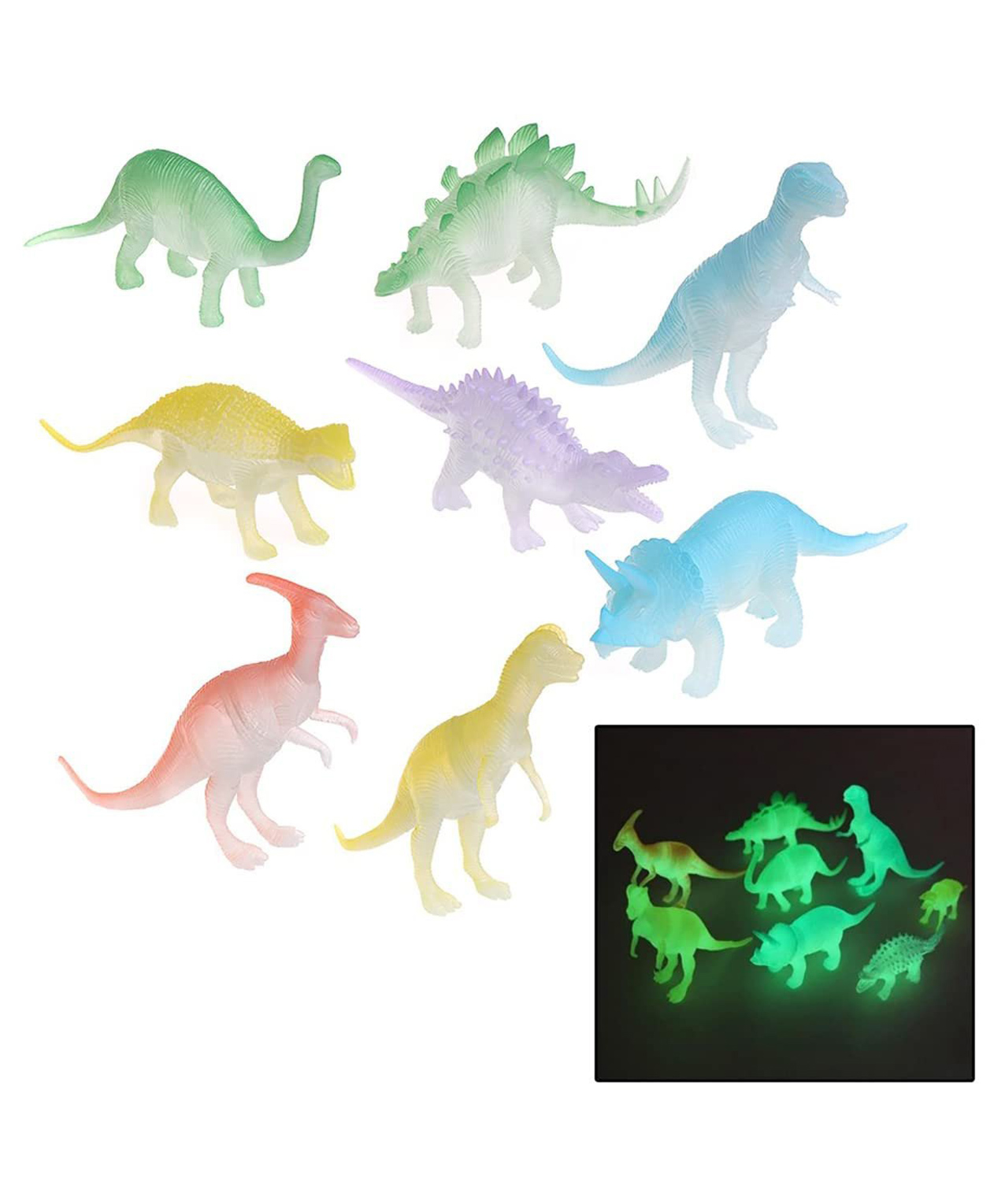 New Pinch 8 pcs Glow in The Dark Dinosaur Toys Set - Multicolor