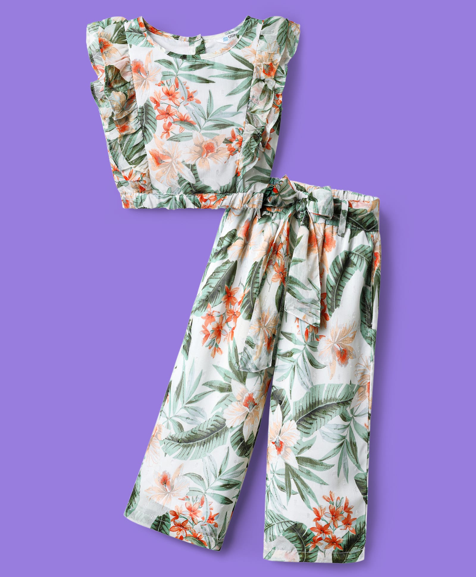 OLLINGTON ST. Woven Printed Co-ord Set Of Flutter Sleeves Top & Culottes With Self Fabric Belt-Green-picture-27