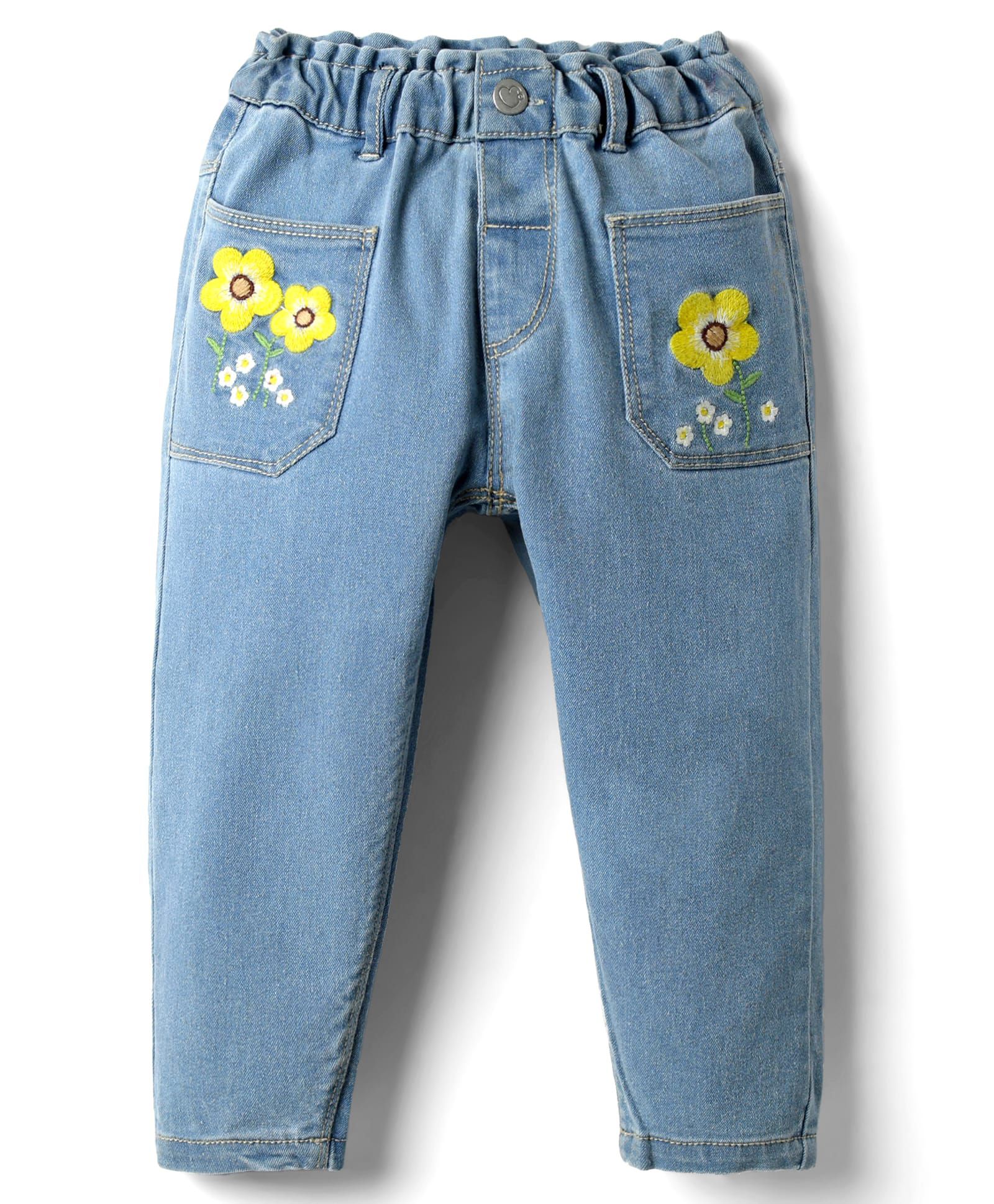 Babyhug Denim Full Length Slim Fit Stretchable Washed Jeans With Zipper Floral Embroidery & Badges - Blue-picture-28