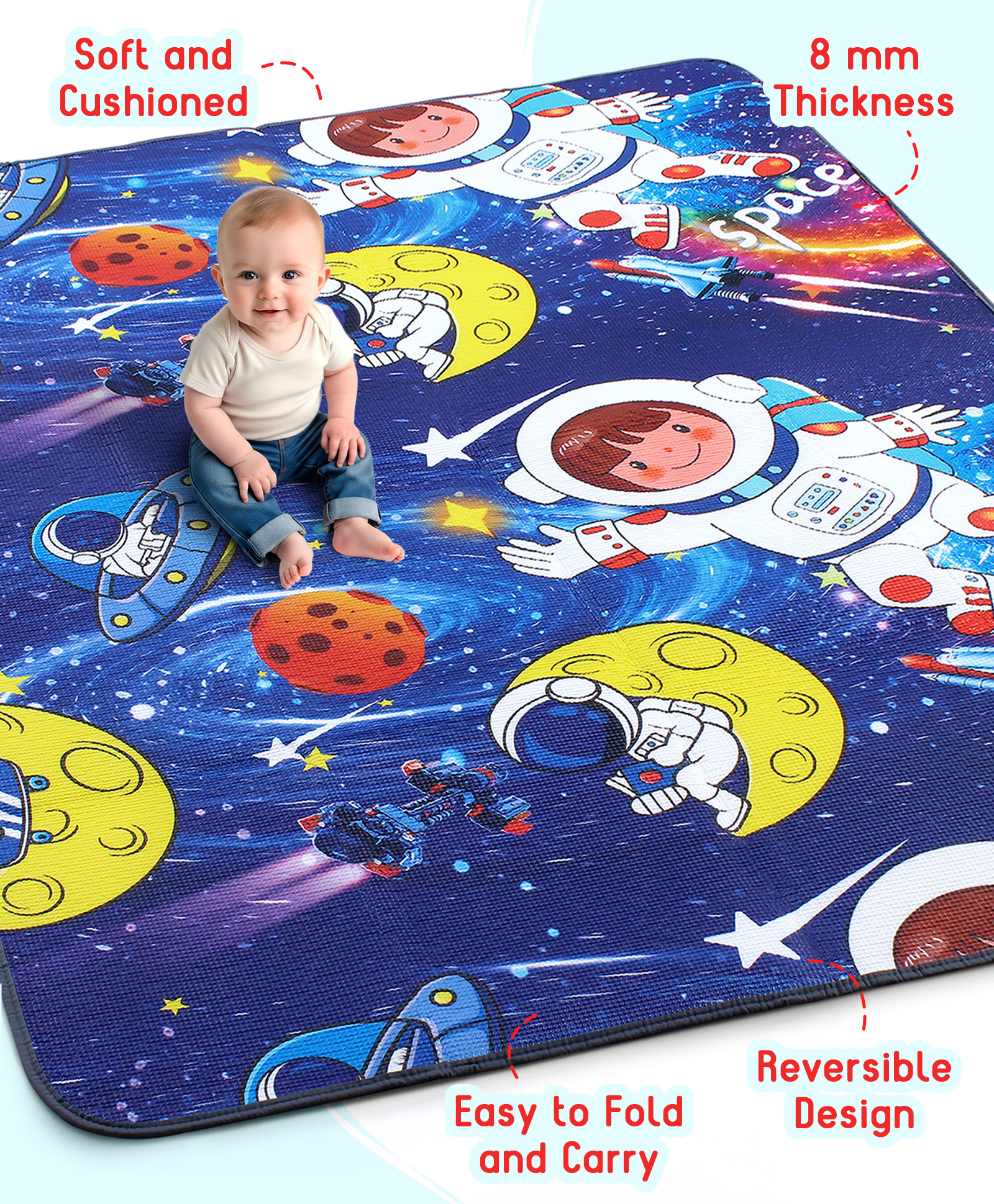 Babyhug Premium Reversible Foldable Space Theme Print Waterproof Floor Mat| Thickness 8 Mm| Learn and Play Mat| Soft Foam and Anti-Slip| Baby Massage| Easy to Carry Bag| Bis Certified - Navy Blue
