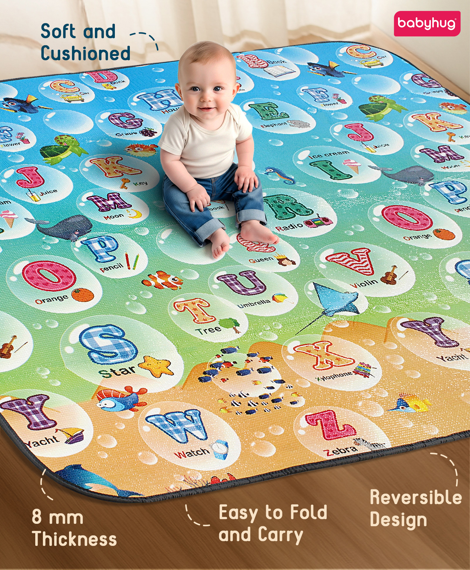 Babyhug Premium Reversible Foldable Waterproof Floor mat Thickness 8 mm Education Theme| Colorful| Learn and Play Mat| Soft Foam and Anti-Slip Mat|Baby Massage| Easy to Carry Bag| BIS Certified