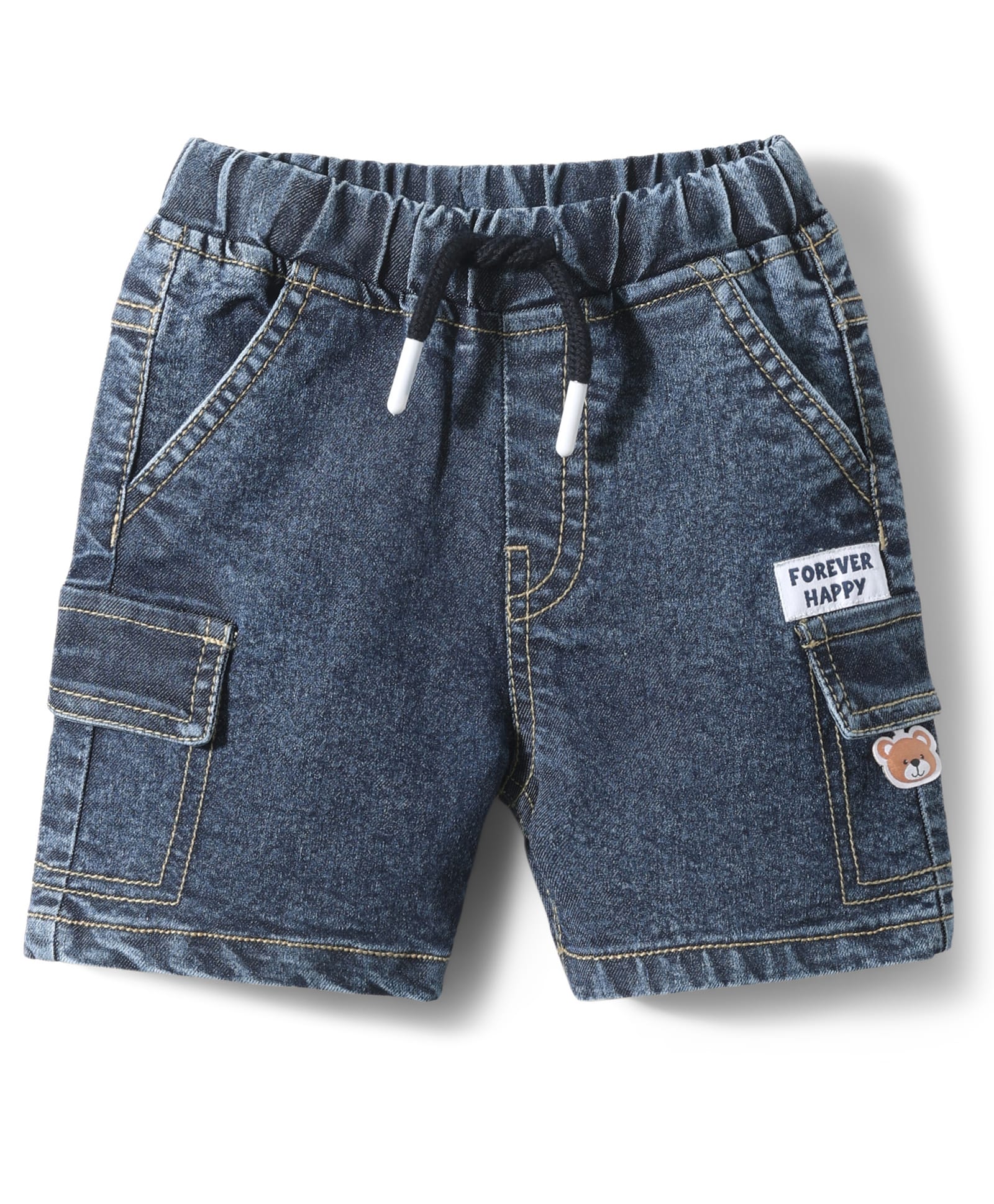 Babyhug Twill Lycra Mid Thigh Shorts With Stretch & Teddy Bear Patch - Blue-image-37