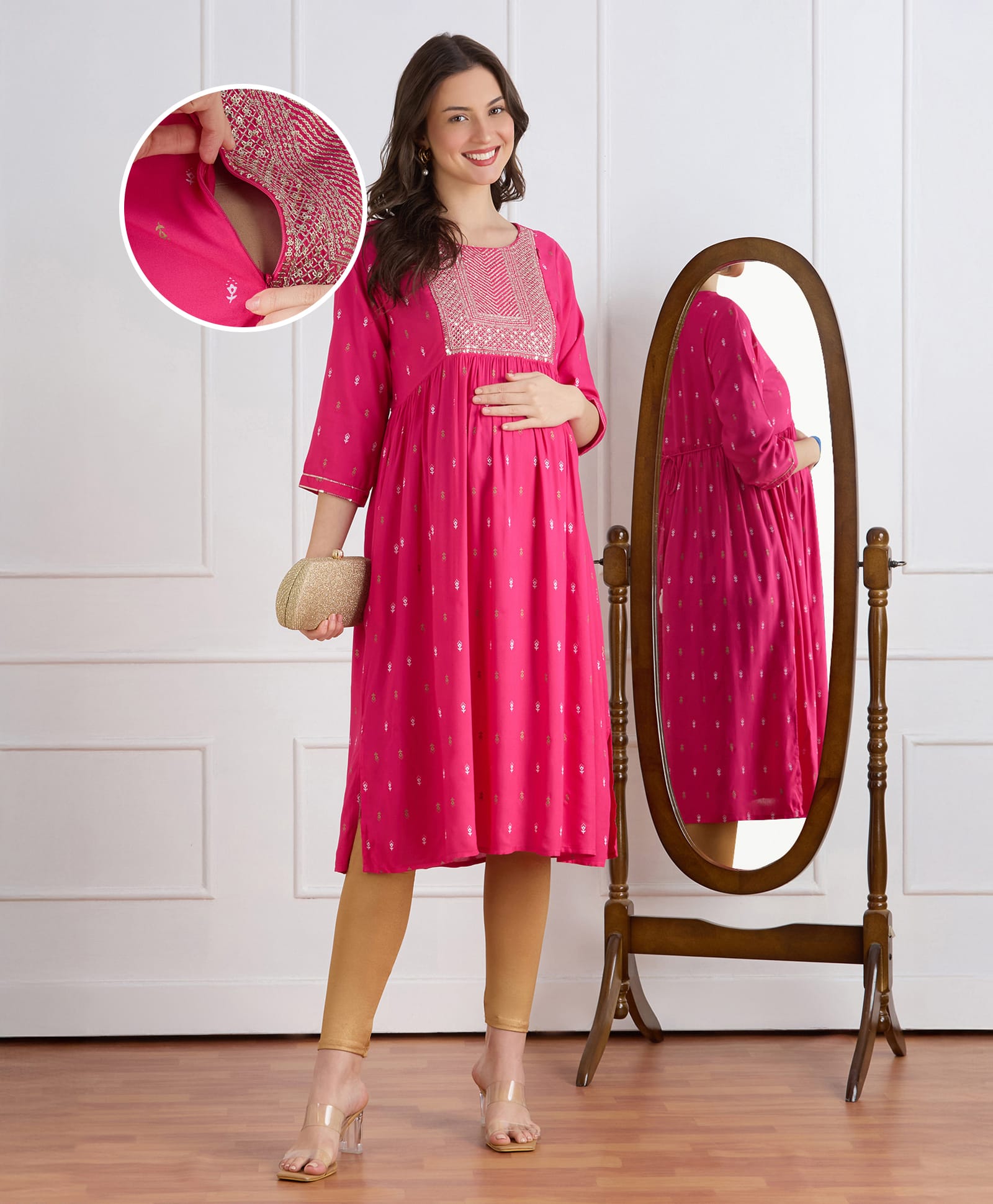 Bella Mama Woven Three Forth Sleeves Gold Foil Printed Maternity Kurta With Embroidered Yoke - Dark Pink-picture-37