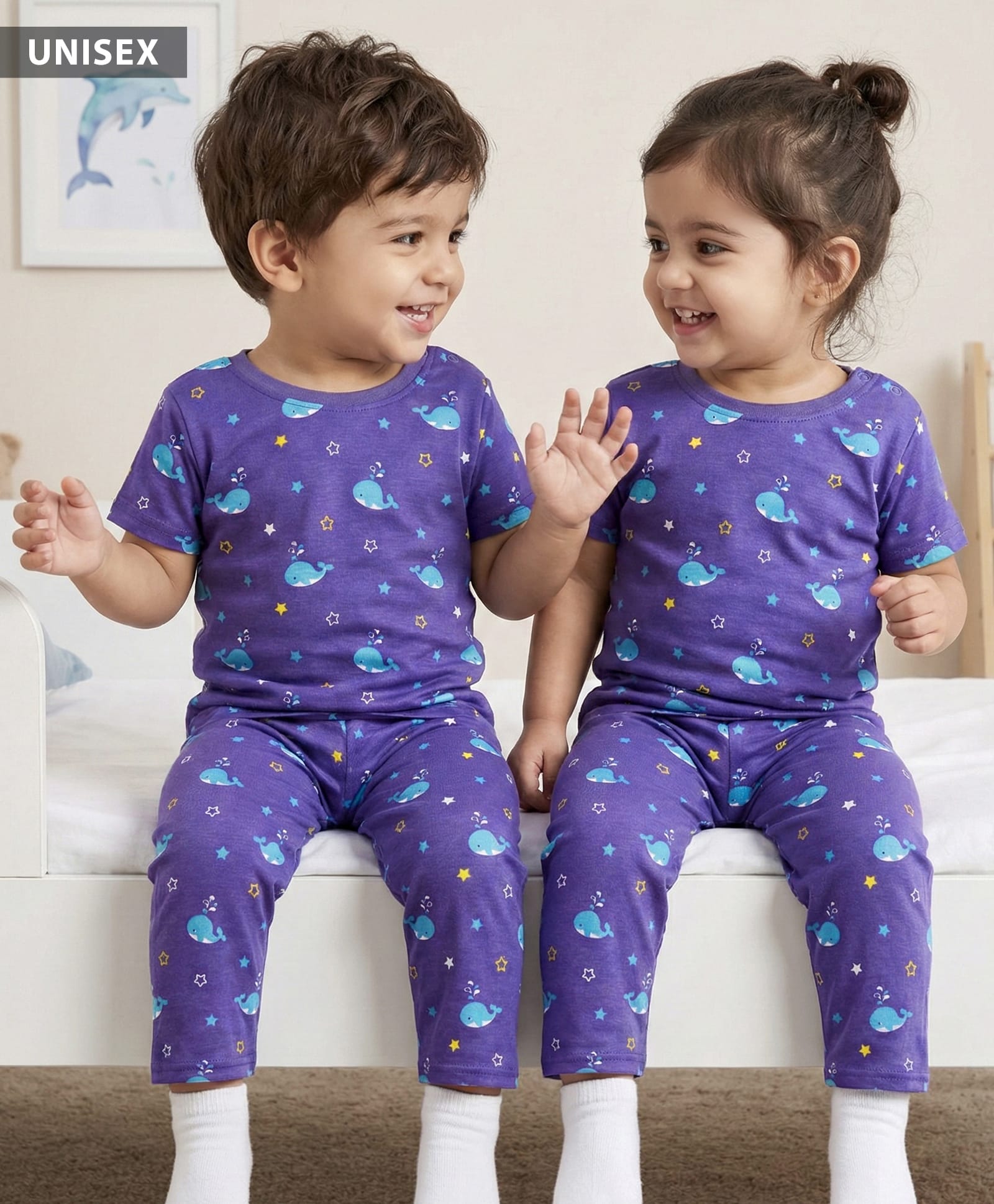 Babyhug Cotton Knit Half Sleeves Co-ords Night Suit with Dolphin Print - Blue-image-42