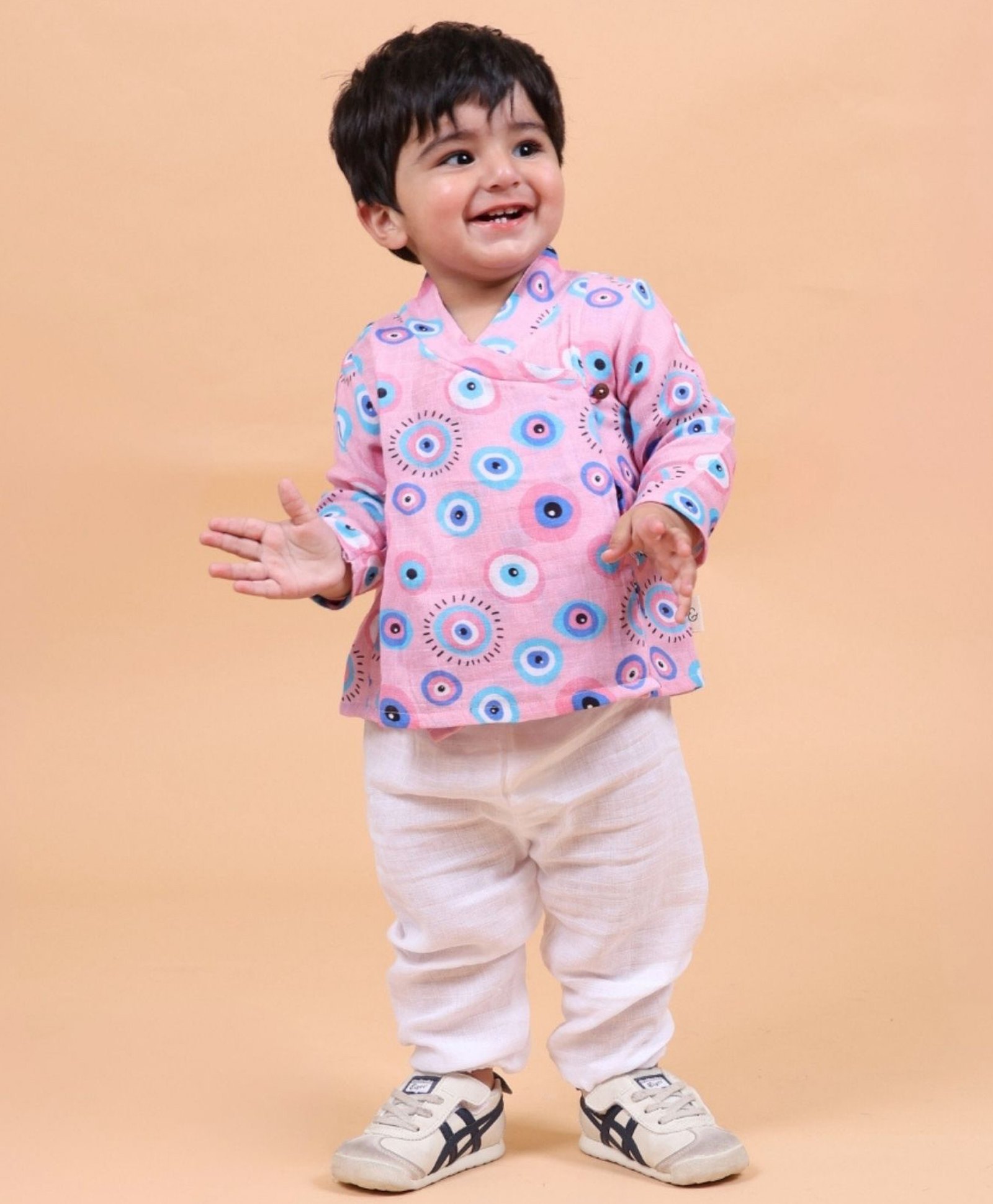 Mama & Peaches Muslin Full Sleeves Evil Eye Printed Angrakha Style Kurta & Pyjama Set - Pink-image-18