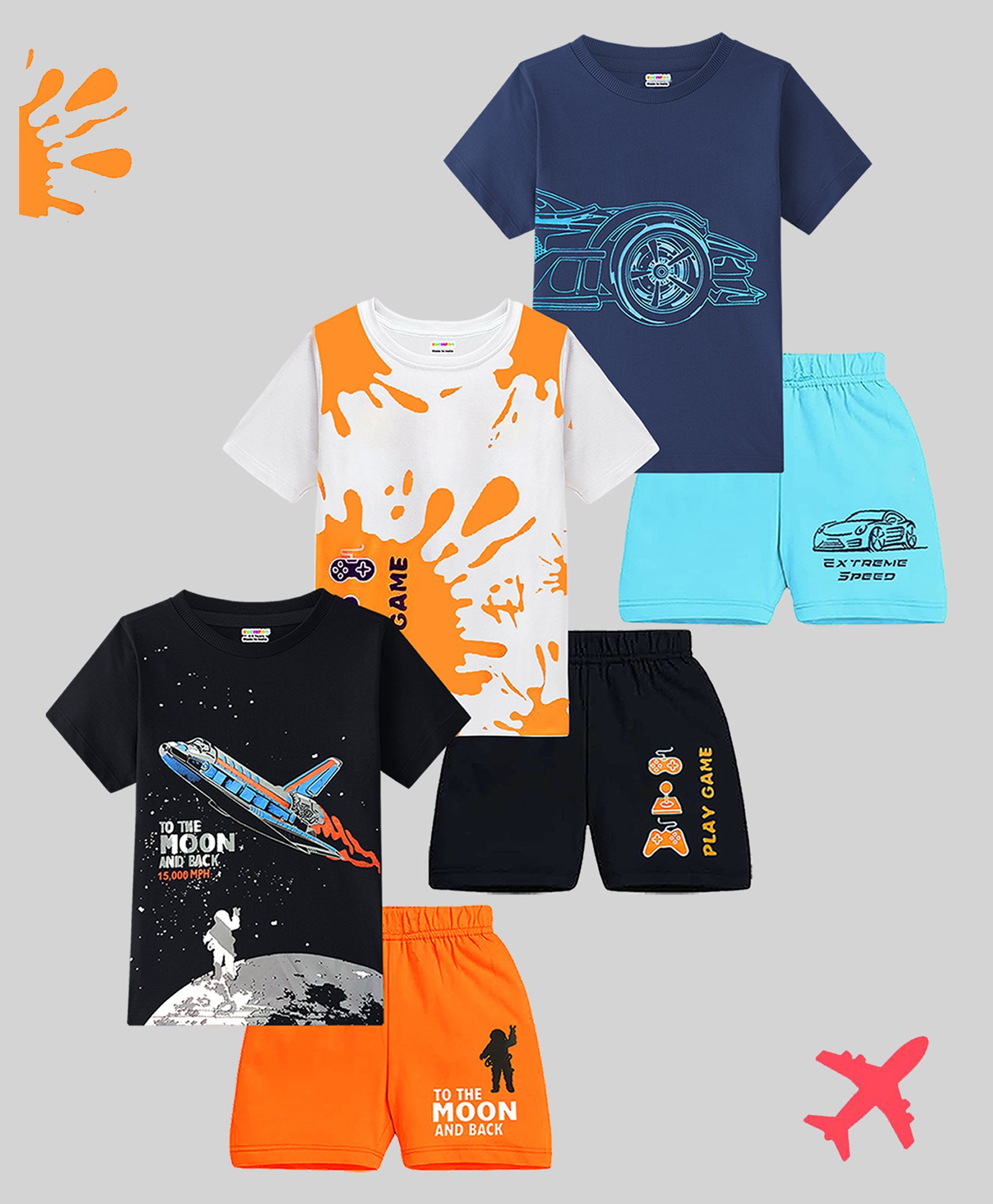 KUCHIPOO Cotton Blend Pack Of 3 Half Sleeves Space Theme & Vehicles Printed Tees & Coordinating Shorts Set - Blue Black White Orange & Navy Blue-image-32