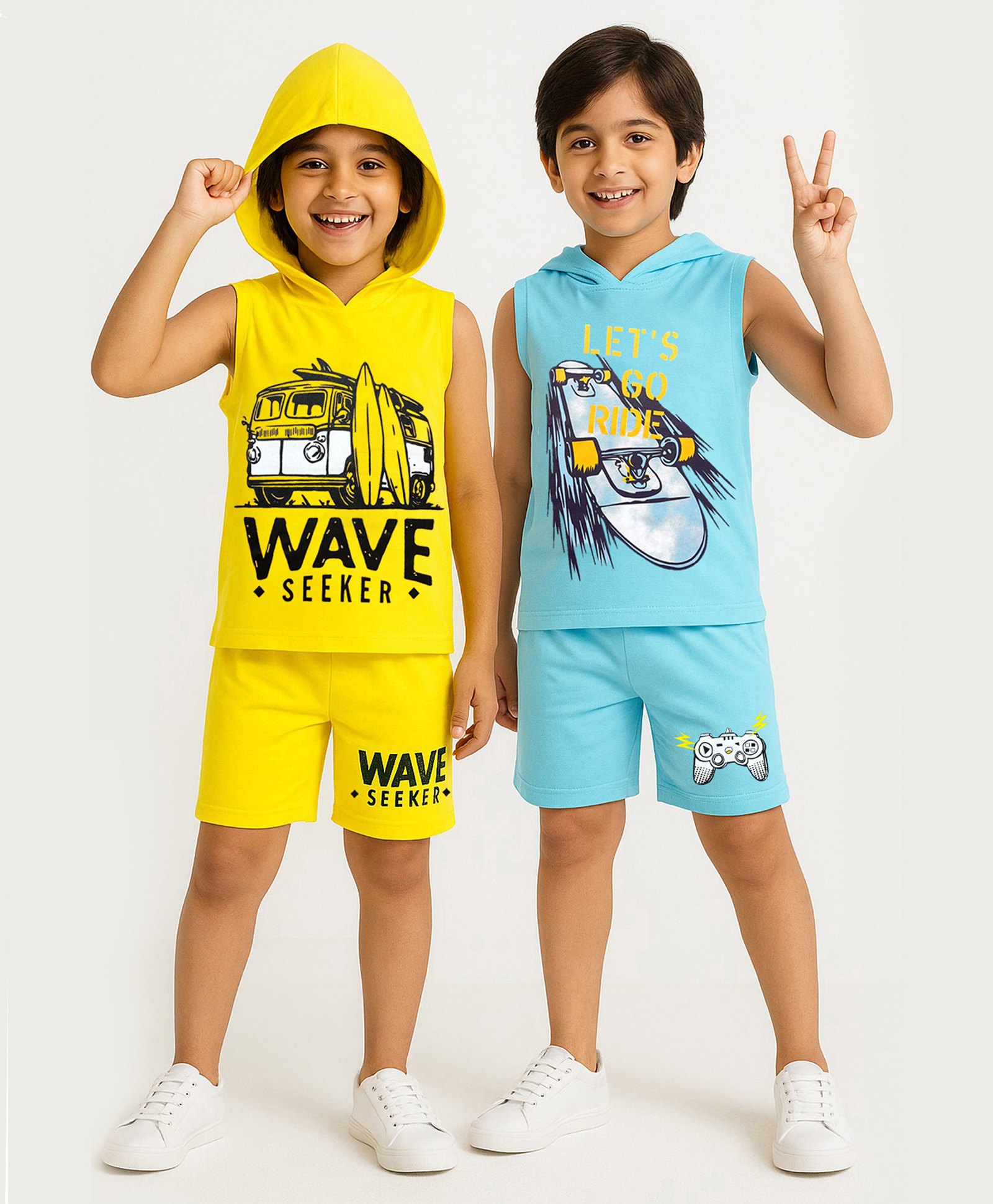 KUCHIPOO Cotton Blend Pack Of 2 Sleeveless Beach Theme & Skate Board Printed Hooded Tees & Coordinating Shorts Set - Blue & Yellow-image-9