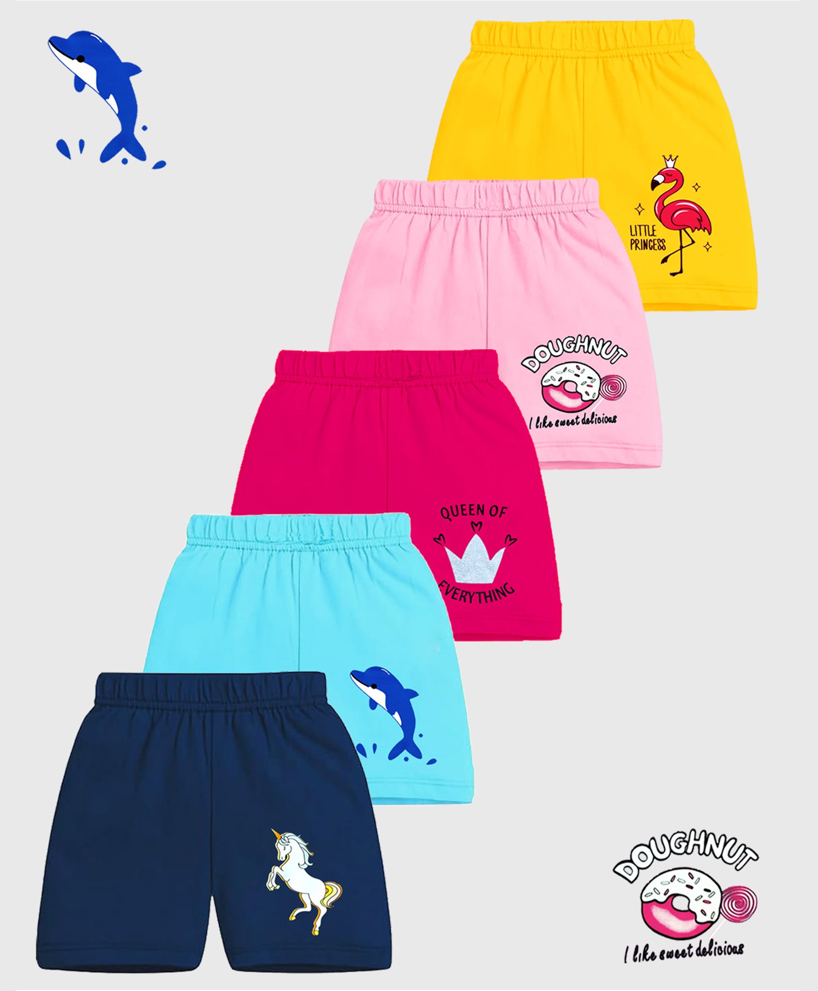 KUCHIPOO Cotton Blend Pack Of 5 Unicorn & Flamingo Printed Shorts - Multi Colour-picture-24