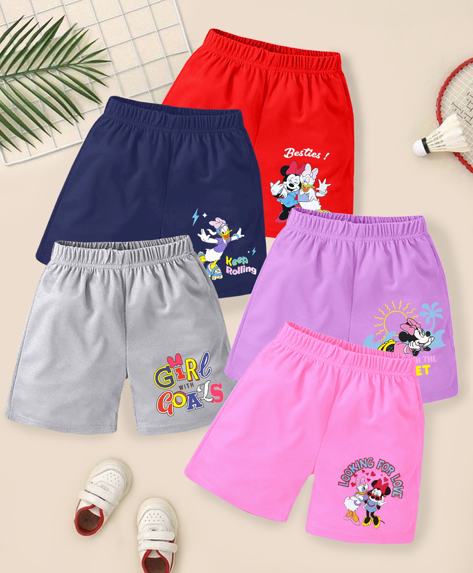 KUCHIPOO Cotton Blend Pack Of 5 Disney Mickey & Friends Featuring Minnie Mouse & Daisy Duck Printed Shorts - Multi Colour-picture-32