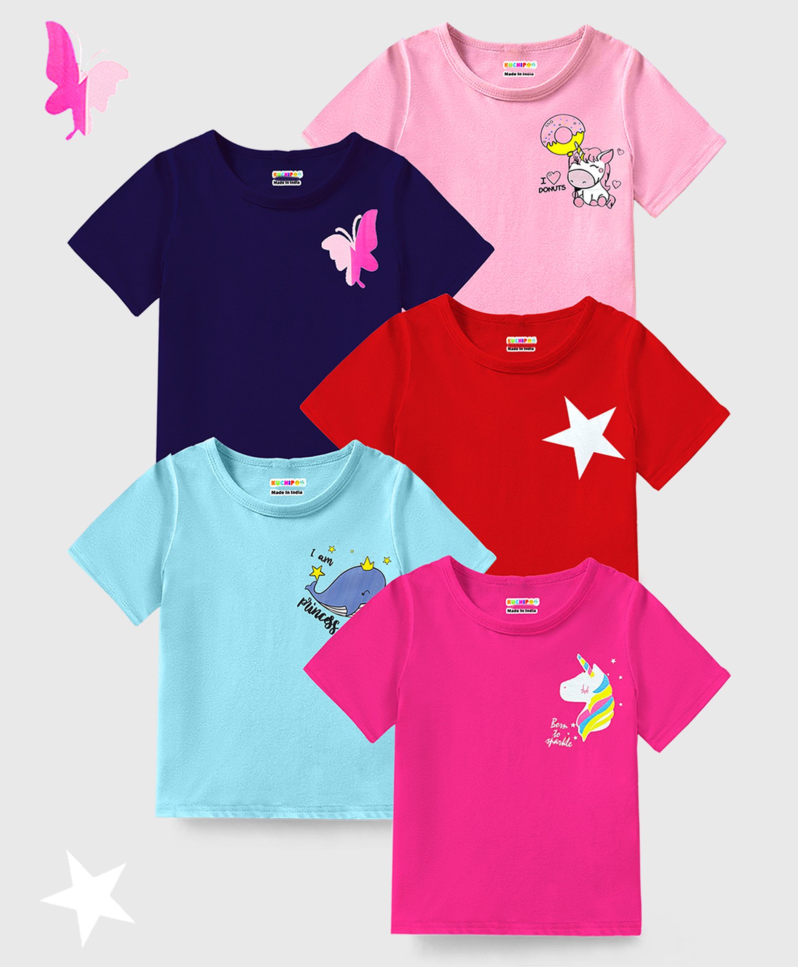KUCHIPOO Cotton Blend Pack Of 5 Half Sleeves Unicorn & Star Printed Tees - Red Pink Blue Magenta & Navy Blue-image-19